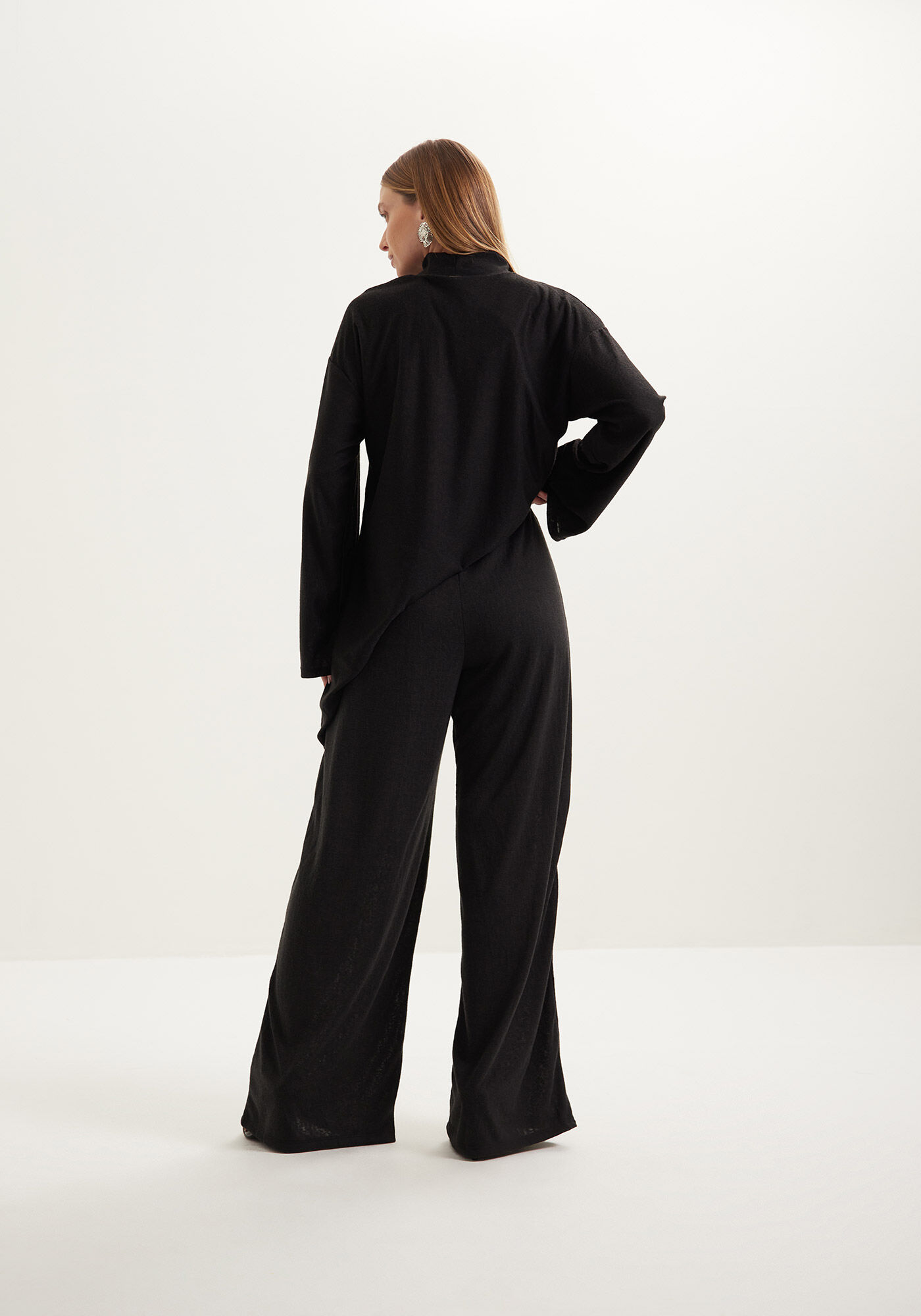 Cal&ccedil;a Pantalona De Cintura Alta Em Malha R&uacute;stica, PRETO, large.