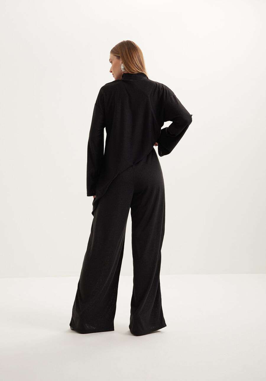 Calça Pantalona De Cintura Alta Em Malha Rústica, PRETO. Calça Pantalona De Cintura Alta Em Malha Rústica, PRETO, large.