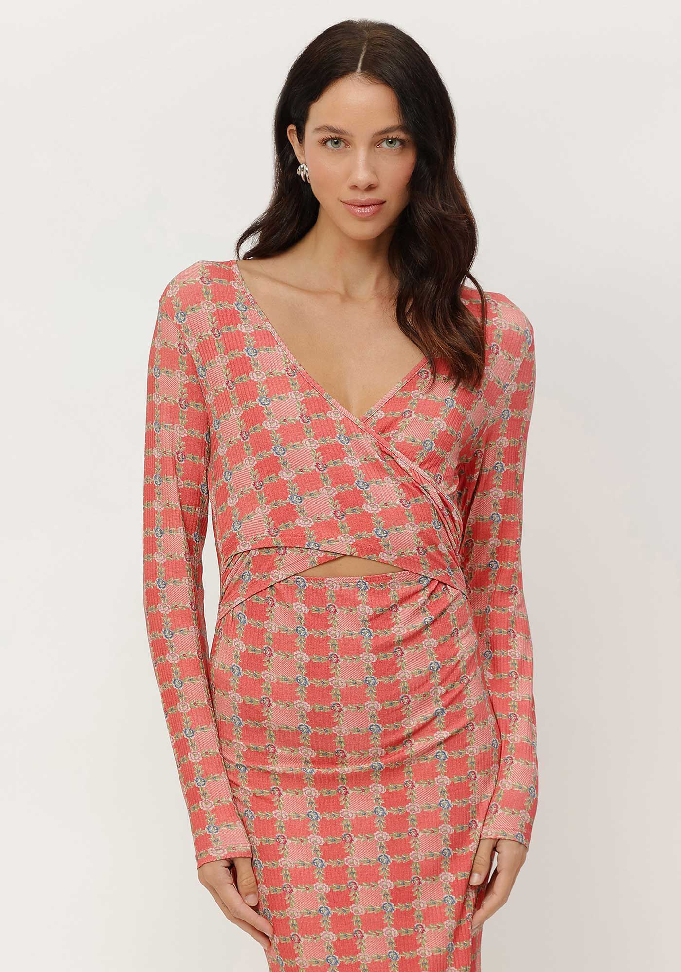 Vestido Midi Manga Longa Canelado Estampado, , large.