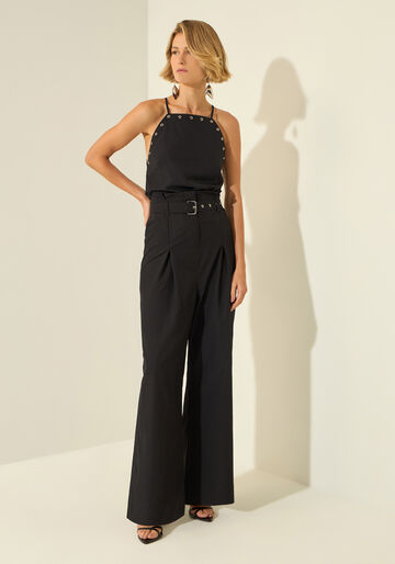 Calça Reta Com Cintura Alta e Cinto Em Alfaiataria, PRETO. Calça Reta Com Cintura Alta e Cinto Em Alfaiataria, PRETO, large.