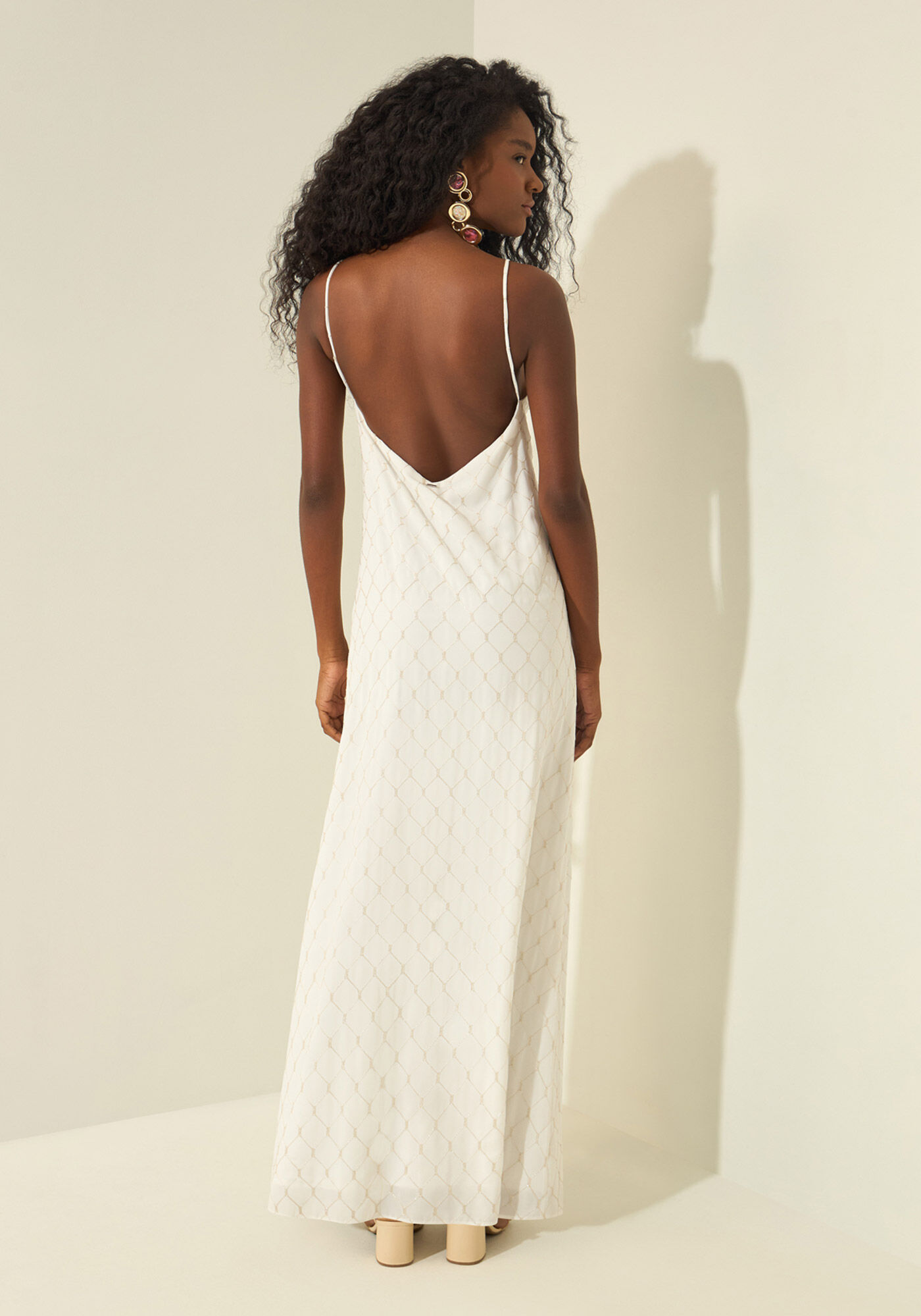 Vestido Longo De Al&ccedil;as Com Decote Em V, BRANCO OFF WHITE, large.