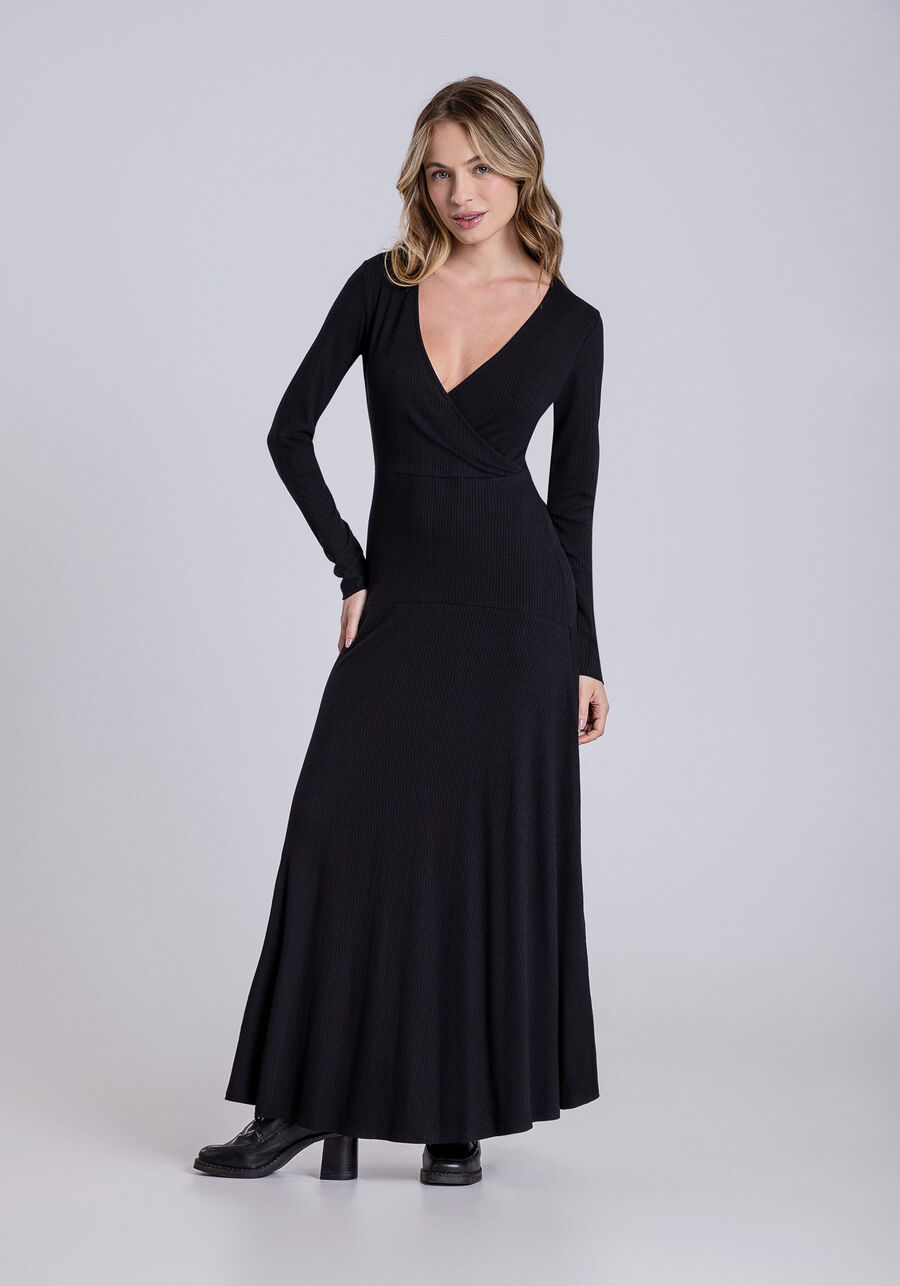 Vestido Midi Canelado Estampado, PRETO REATIVO. Vestido Midi Canelado Estampado, PRETO REATIVO, large.