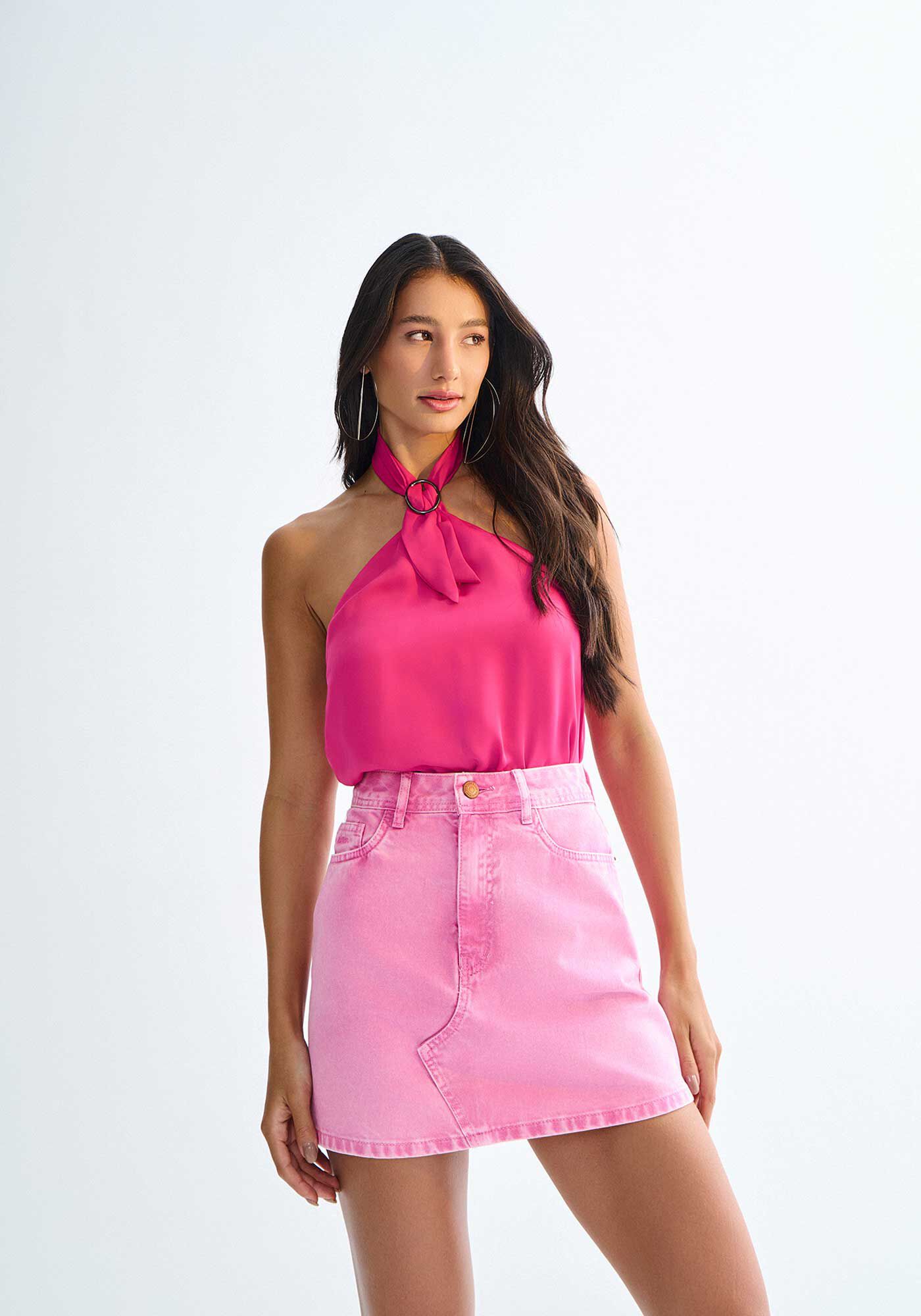 Saia Curta Sarja Cintura Alta com Bolsos, ROSA DELIGHT, large.