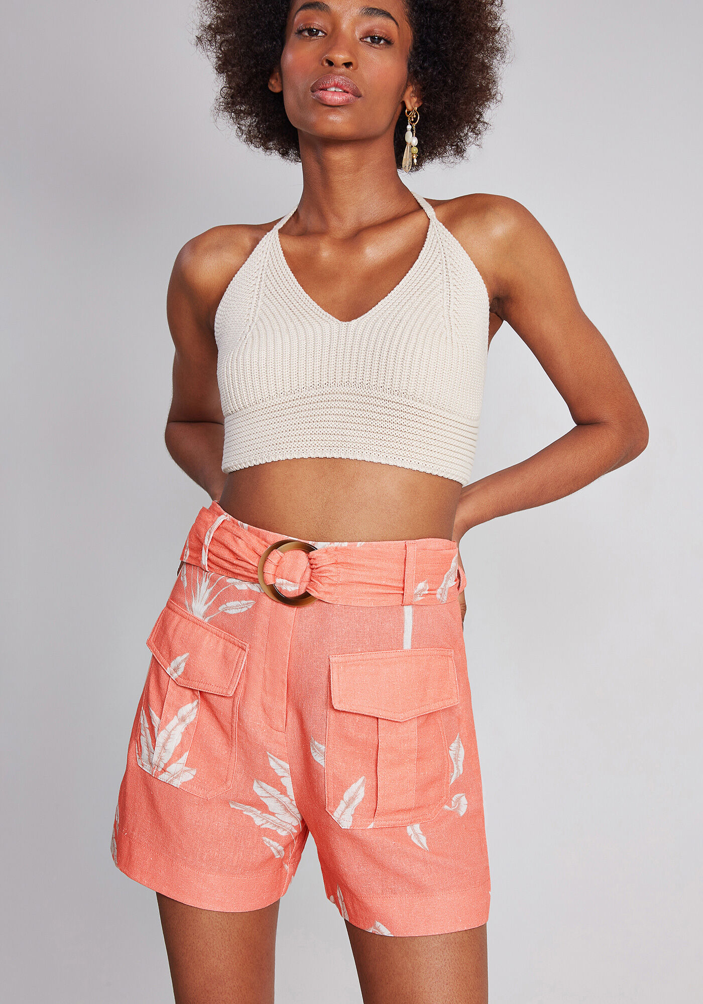 Shorts Cintura Alta Bolsos Linho, , large.