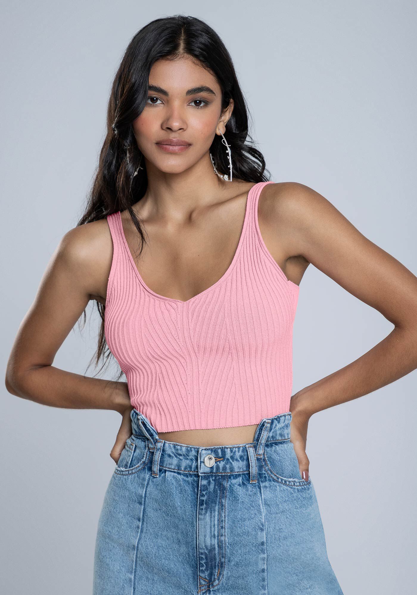 Blusa Cropped em Tric&ocirc; com Decote V, , large.