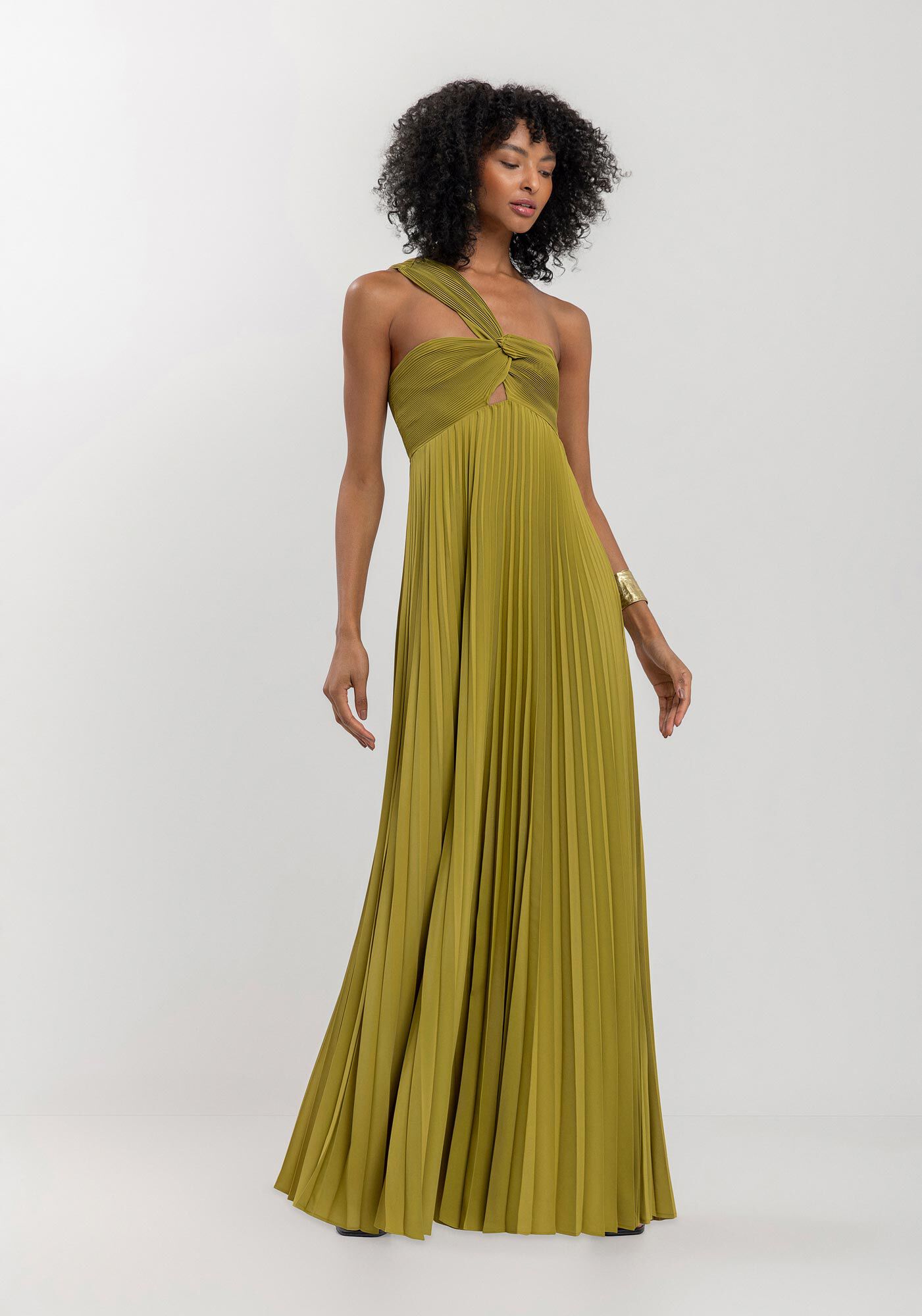 Vestido Longo Plissado De Um Ombro S&oacute; Com Tor&ccedil;&atilde;o Frontal, VERDE NEW SOFT, large.