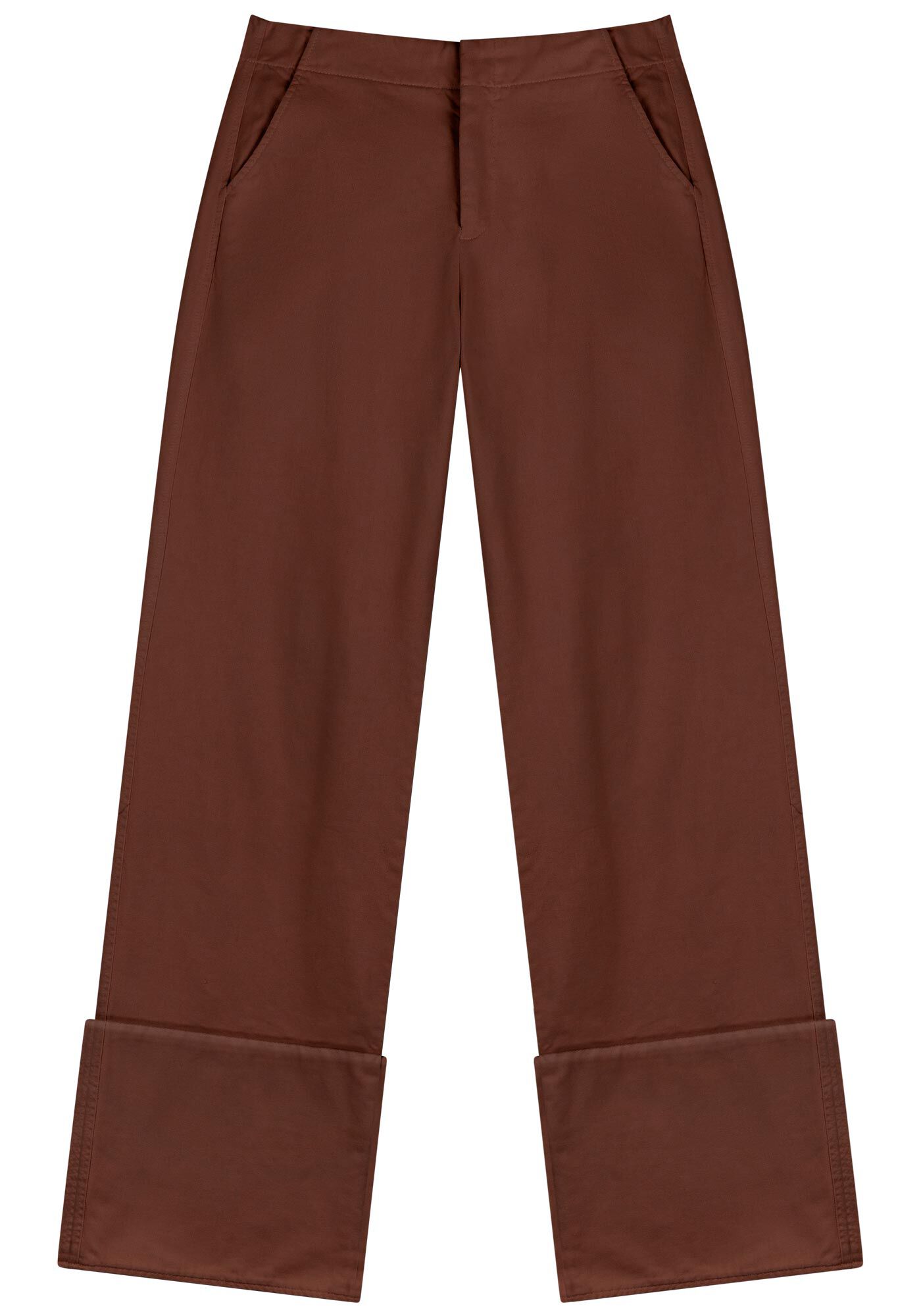 Cal&ccedil;a Wide Leg Sarja Com Cintura Alta E Barra Diferenciada, MARROM CHOCOLATE, large.