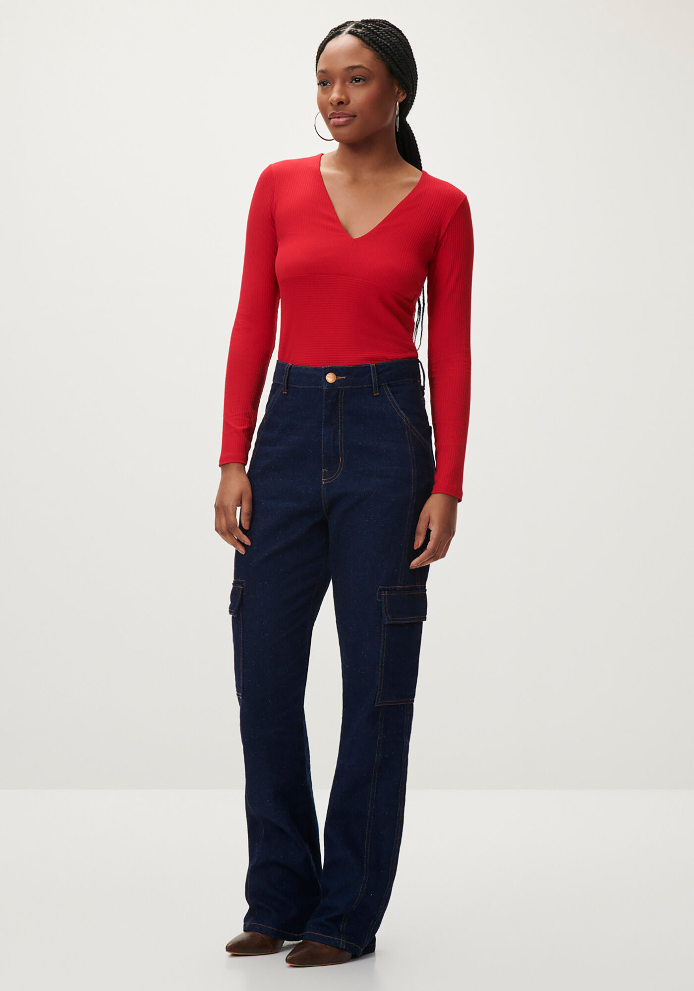 Blusa Manga Longa Canelada com Decote V, , large.