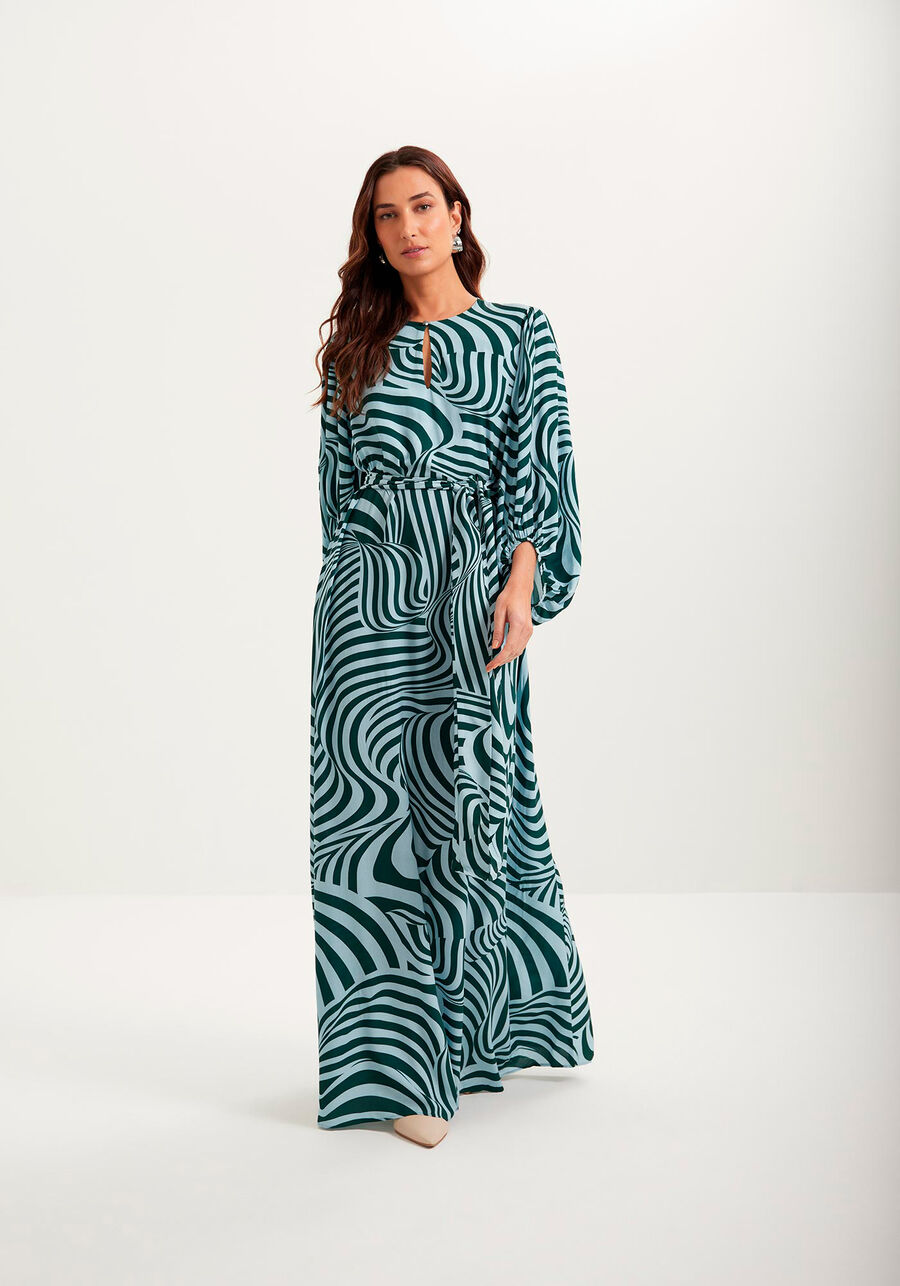 Vestido Longo Estampado Com Mangas Amplas E Faixa Ajustável, . Vestido Longo Estampado Com Mangas Amplas E Faixa Ajustável, , large.
