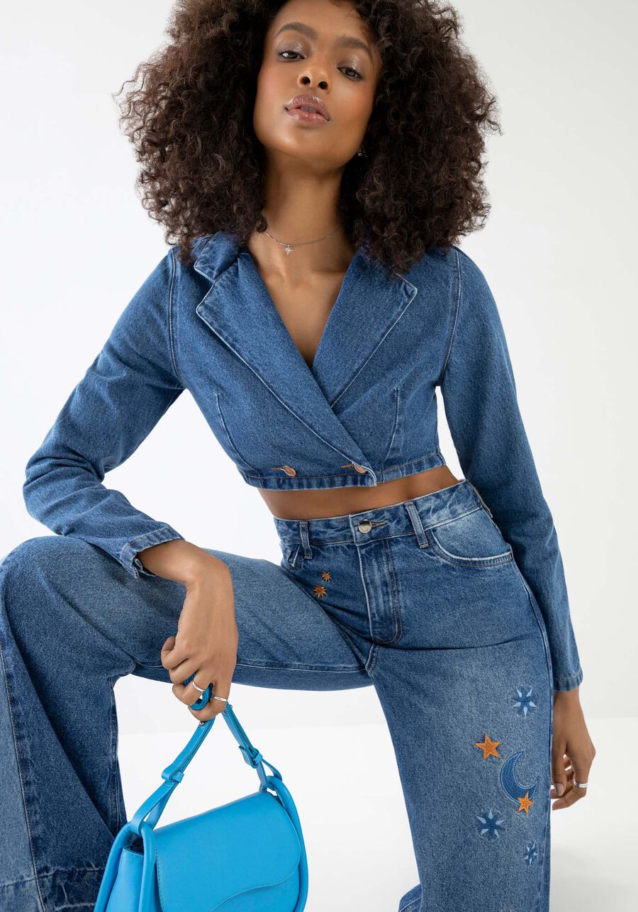 Jaqueta Jeans Cropped com Gola, JEANS. Jaqueta Jeans Cropped com Gola, JEANS, large.