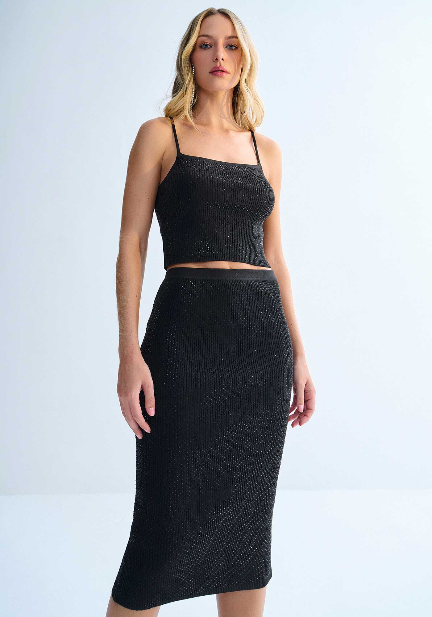 Blusa Decote Reto em Tric&ocirc; com Strass, PRETO REATIVO, large.