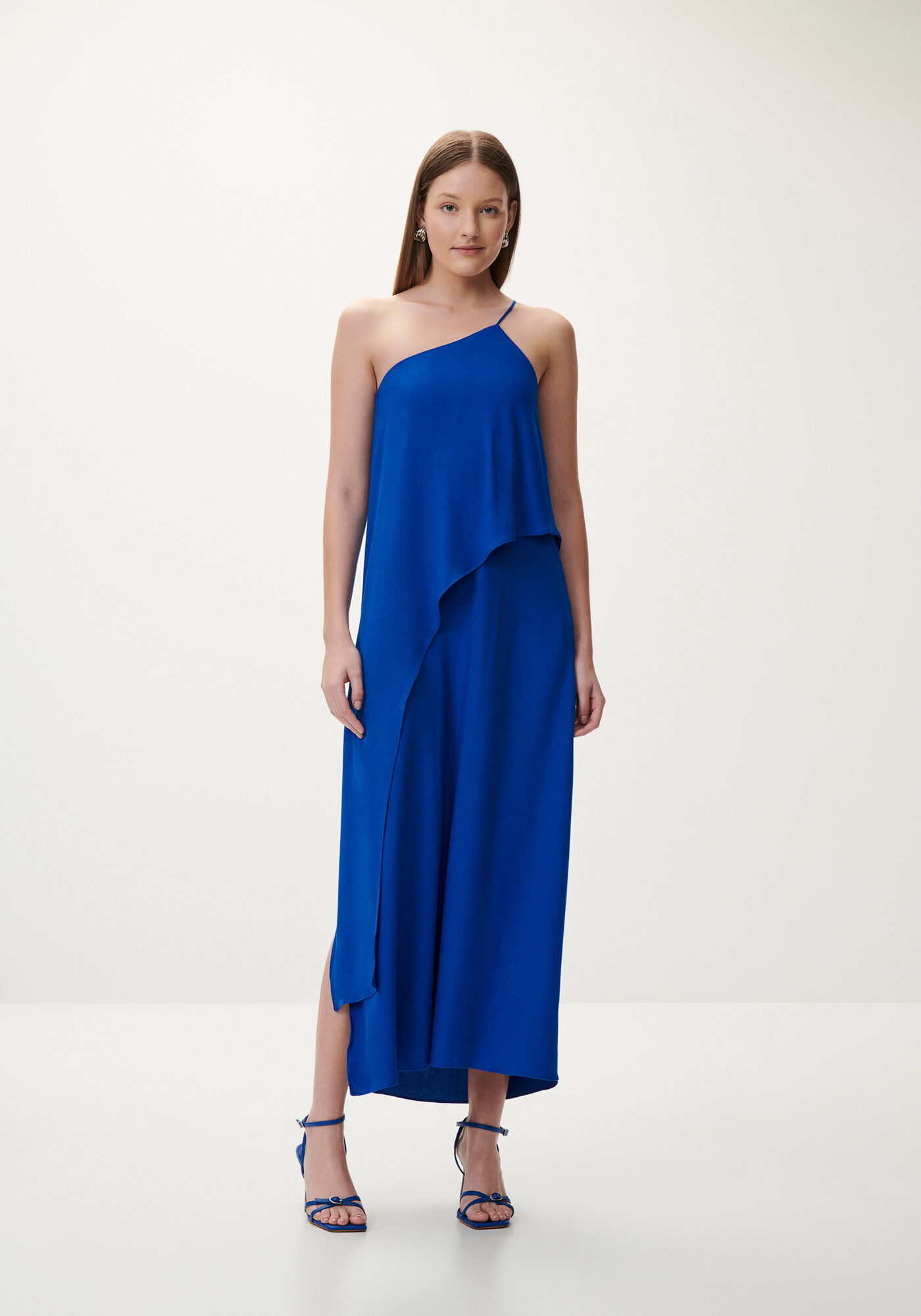 Vestido Midi Ombro S&oacute; em Crepe com Babado, , large.