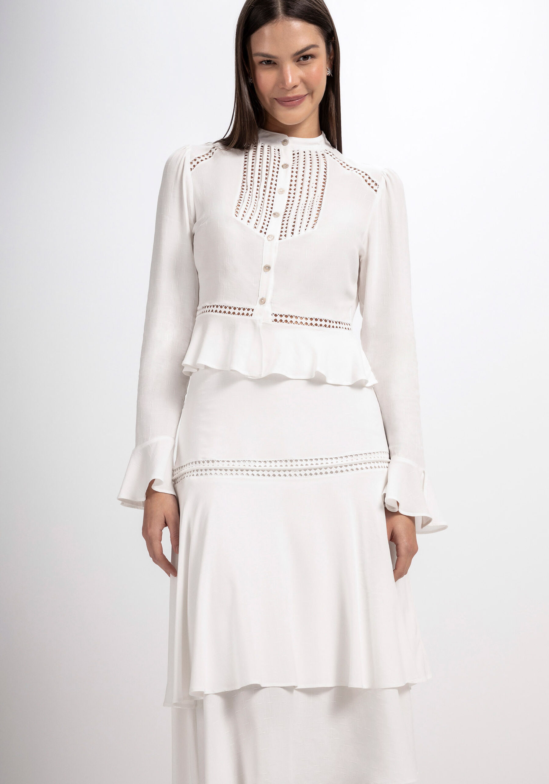 Saia Midi Evasê com Babado Sobreposto, . Saia Midi Evasê com Babado Sobreposto, , large.