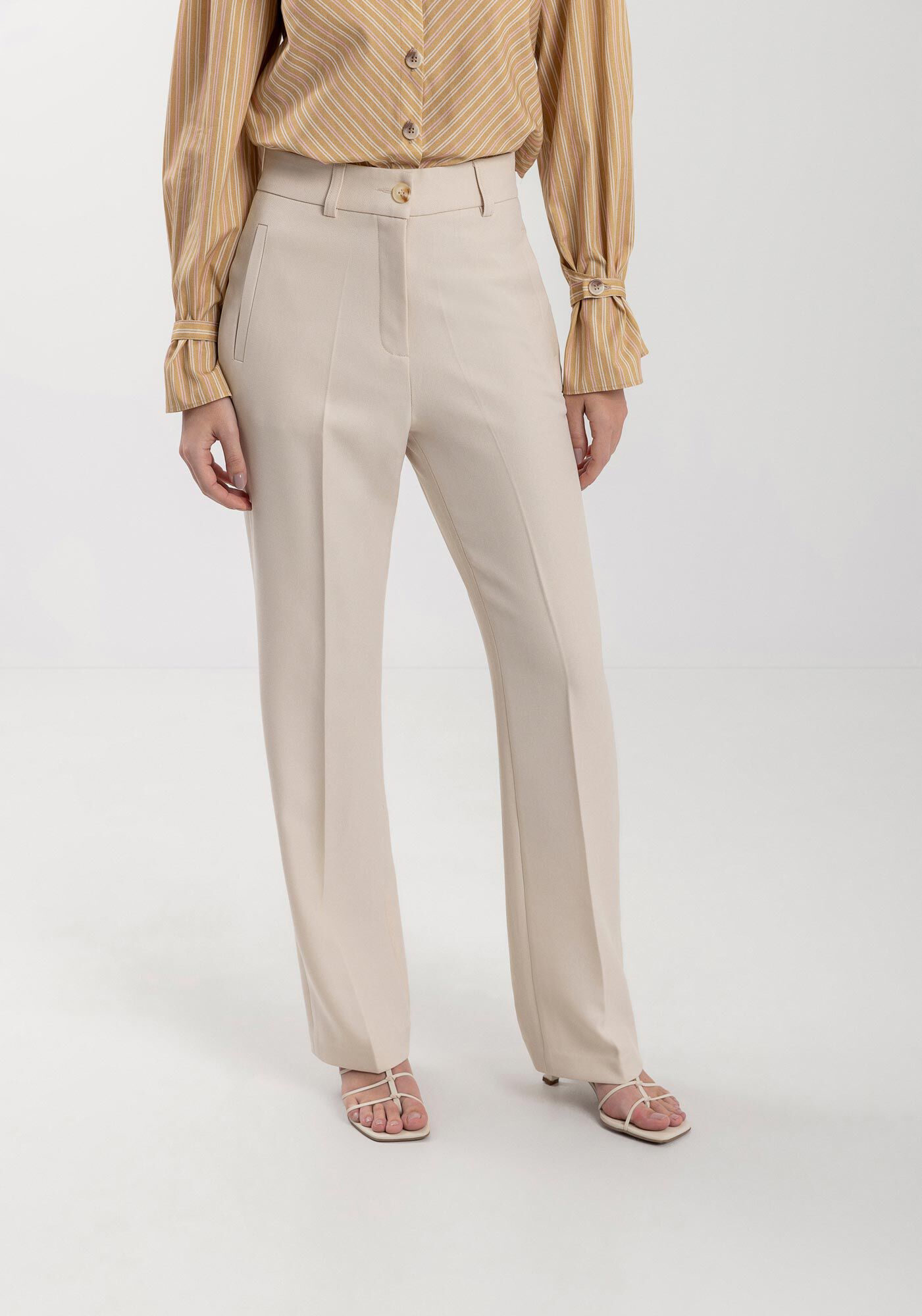 Cal&ccedil;a Reta Alfaiataria Com Cintura M&eacute;dia E Bolsos Embutidos, BEGE MOHAIR, large.