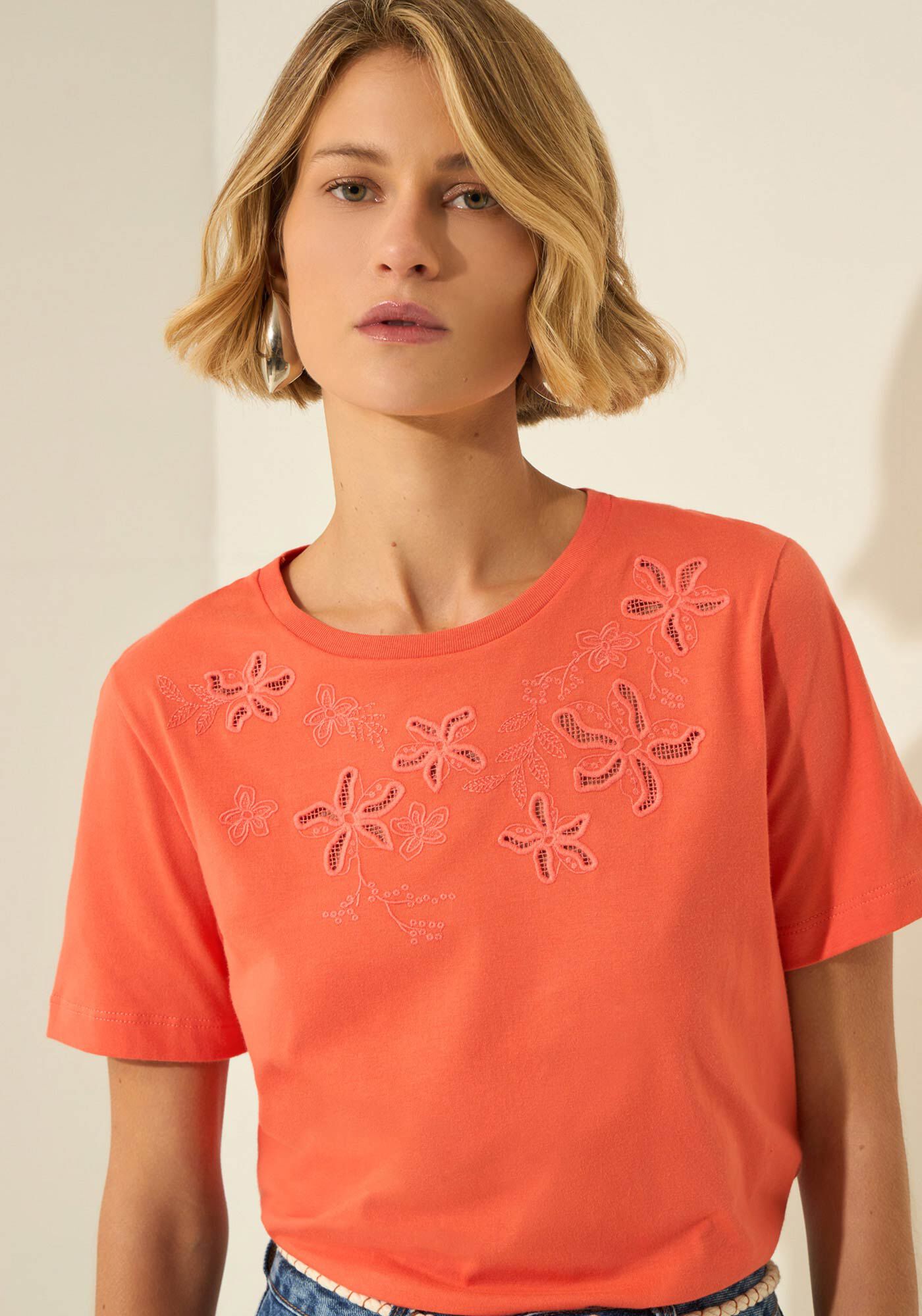 T- shirt De Algod&atilde;o Penteado Com Bordados Vazados, SALMAO VERANO, large.