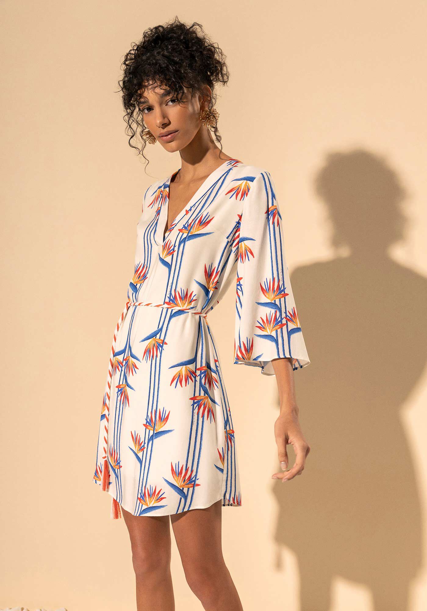 Vestido Curto Estampado Com Mangas 3/4 E Decote Em V, STRELIZIA MAXI BEGE, large.