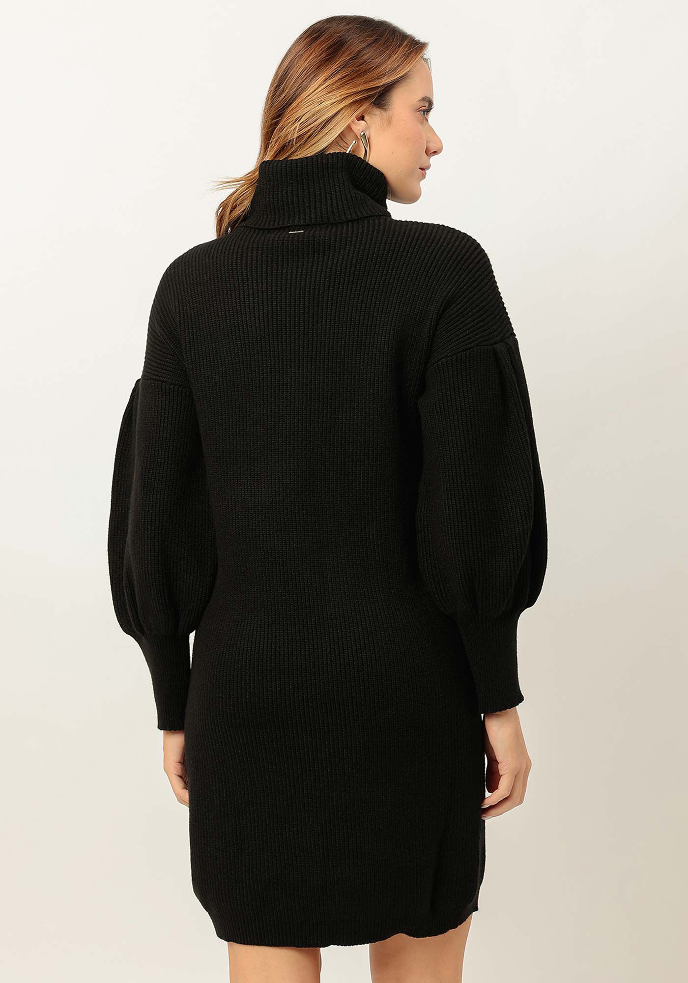 Vestido Curto Gola Alta em Tric&ocirc; com Manga Bufante, , large.