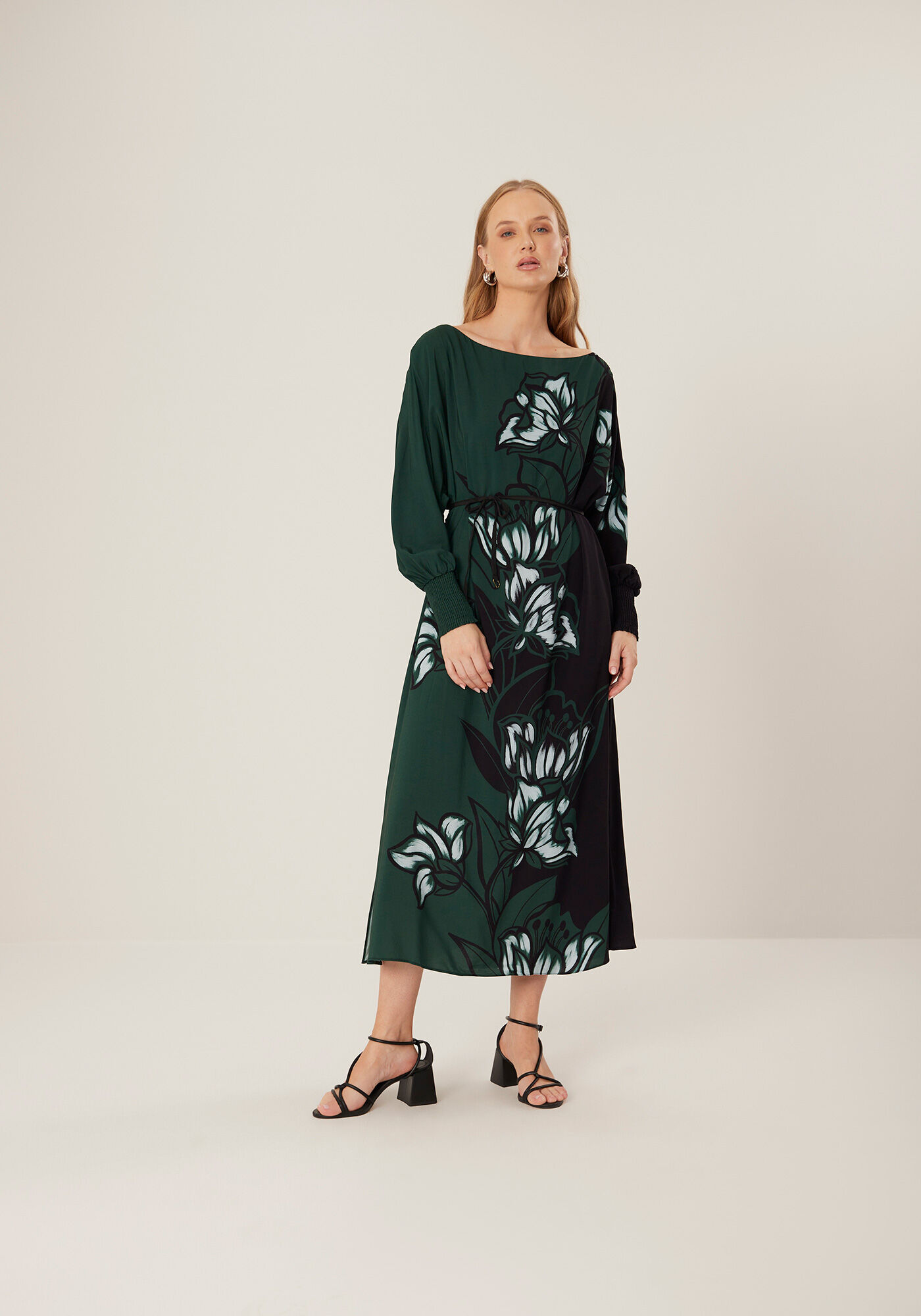 Vestido Midi Ch&aacute; Ombro A Ombro Estampado Em Viscose, ANEMONE VERDE, large.