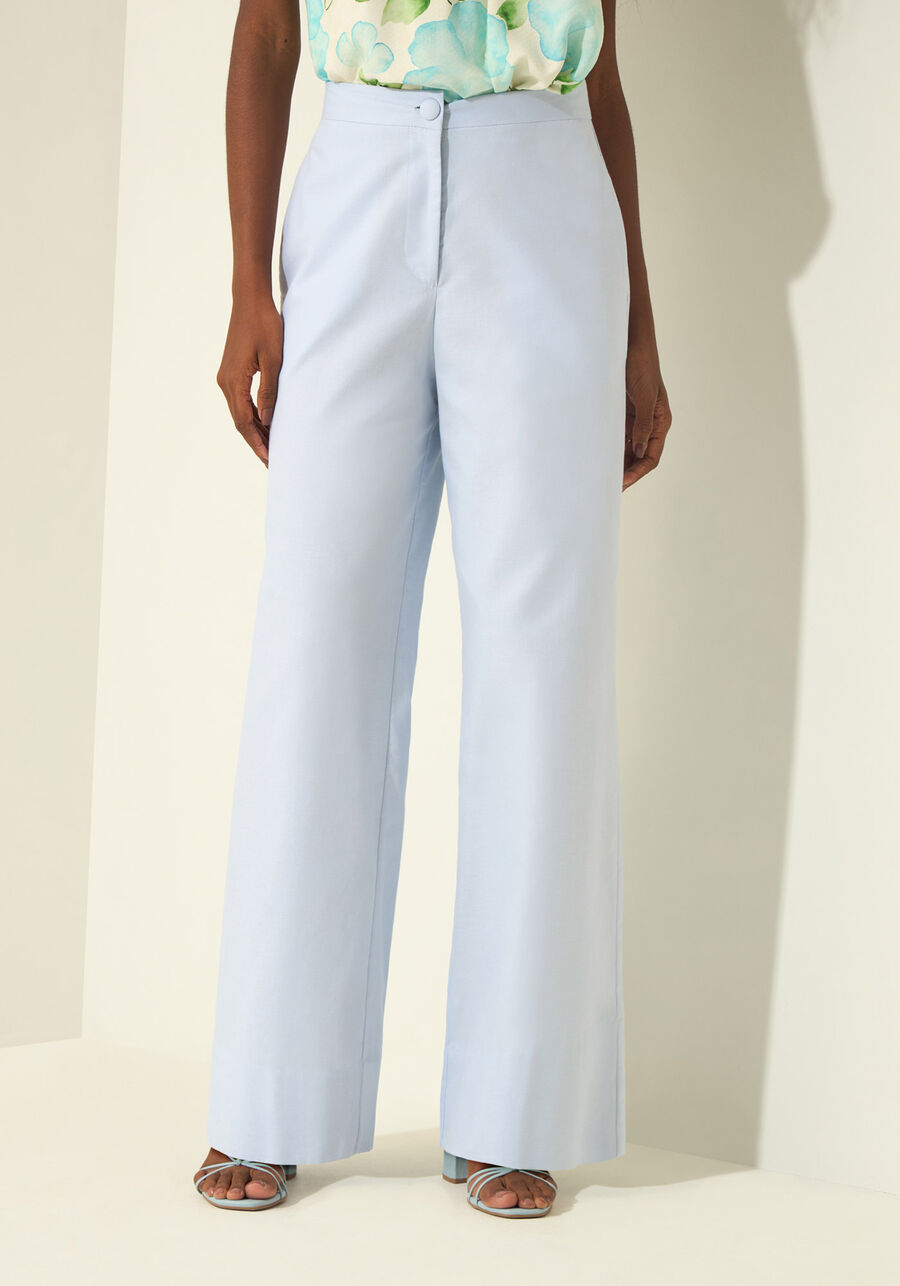 Calça Reta De Cintura Alta Em Alfaiataria De Algodão, AZUL PUPPY. Calça Reta De Cintura Alta Em Alfaiataria De Algodão, AZUL PUPPY, large.