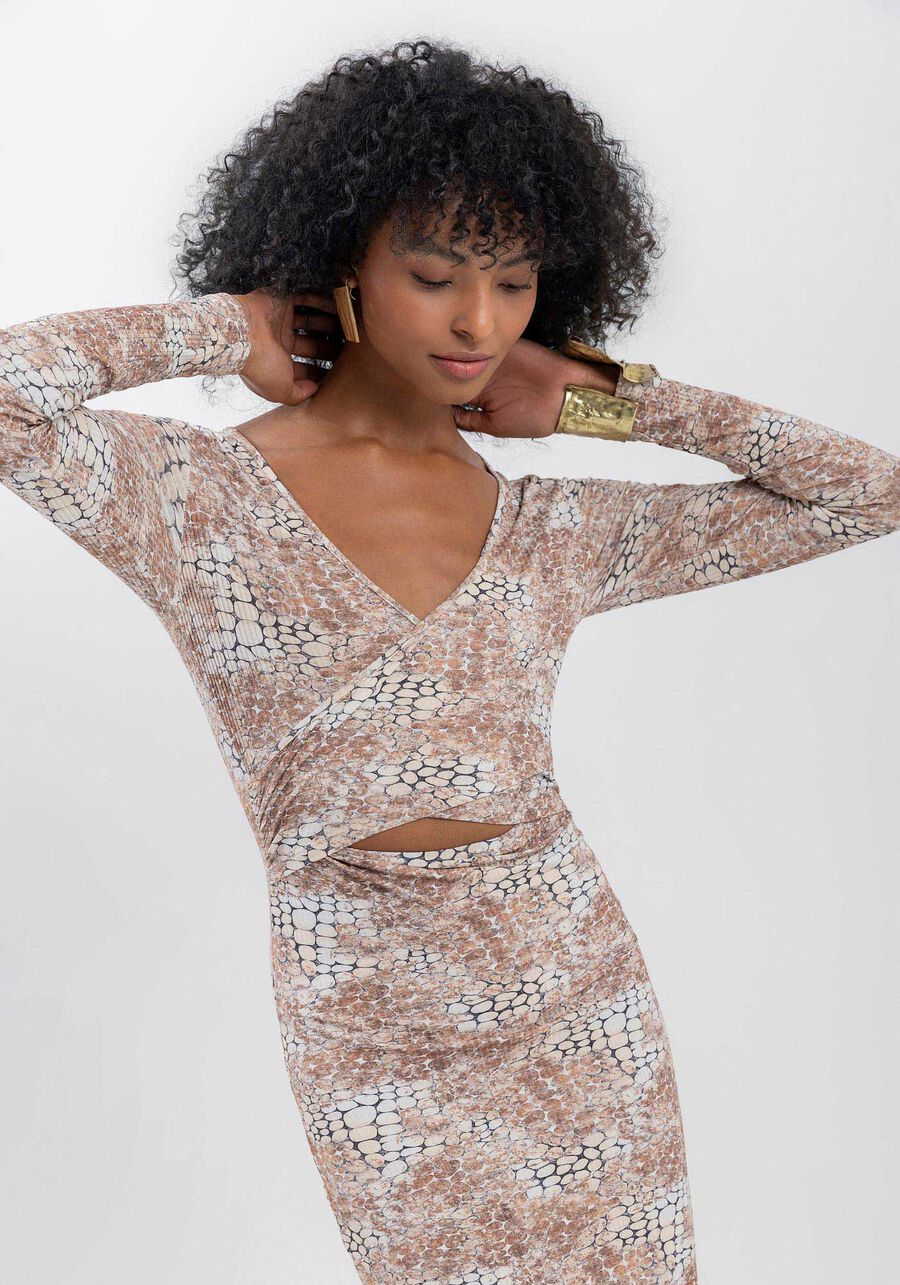 Vestido Estampado Midi Em Malha Canelada Com Recorte Frontal, SKIN MARROM. Vestido Estampado Midi Em Malha Canelada Com Recorte Frontal, SKIN MARROM, large.