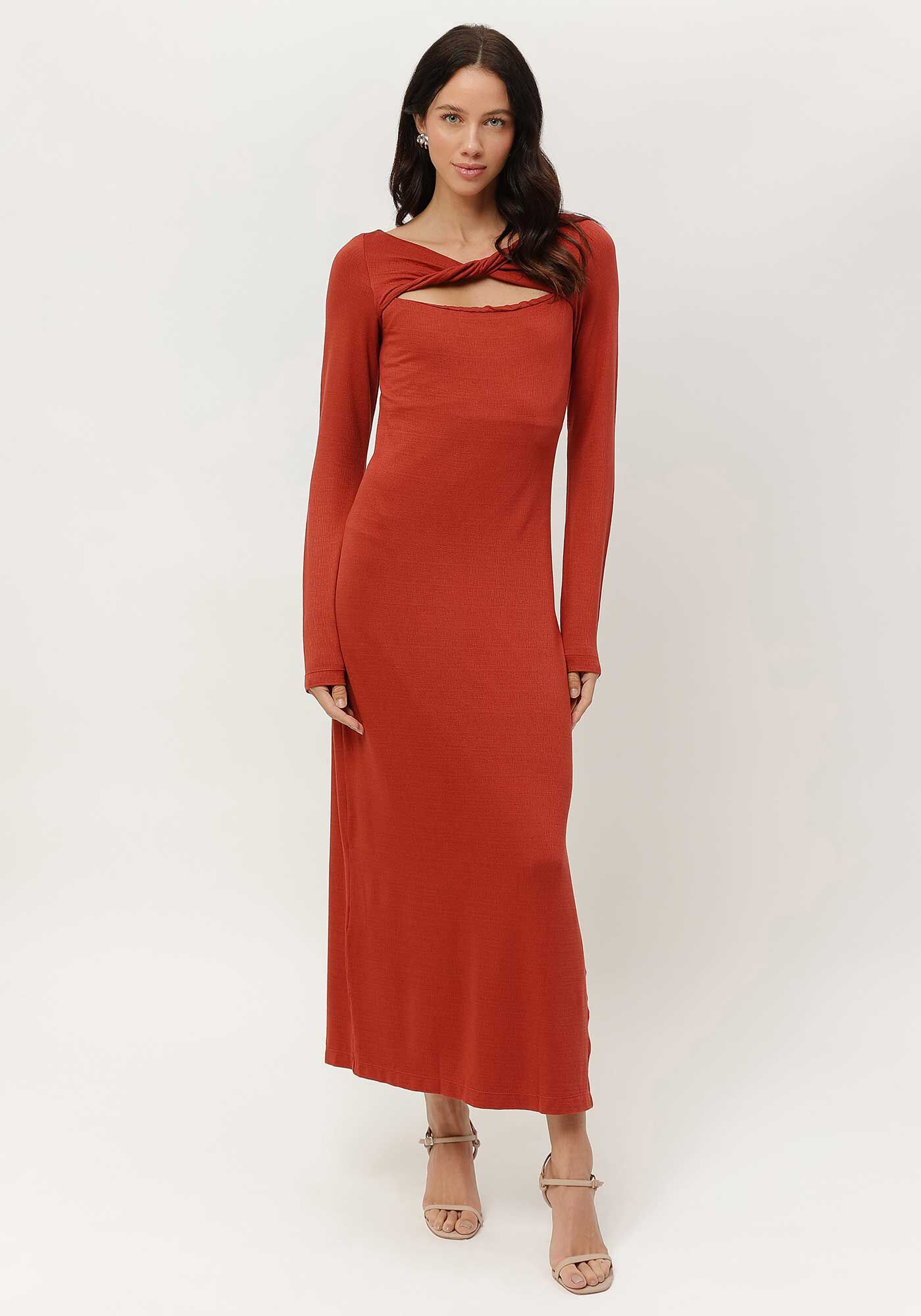 Vestido Midi Manga Longa em Malha com Tor&ccedil;&atilde;o, , large.