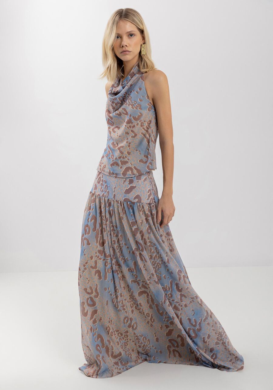 Saia Longa Fluida Estampada Com Cintura Alta E Transparência, SAVAGE BEGE. Saia Longa Fluida Estampada Com Cintura Alta E Transparência, SAVAGE BEGE, large.