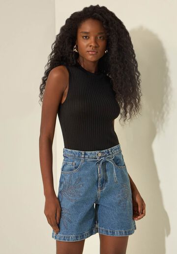 Bermuda Jeans De Cintura Alta Com Bordados, JEANS. Bermuda Jeans De Cintura Alta Com Bordados, JEANS, large.