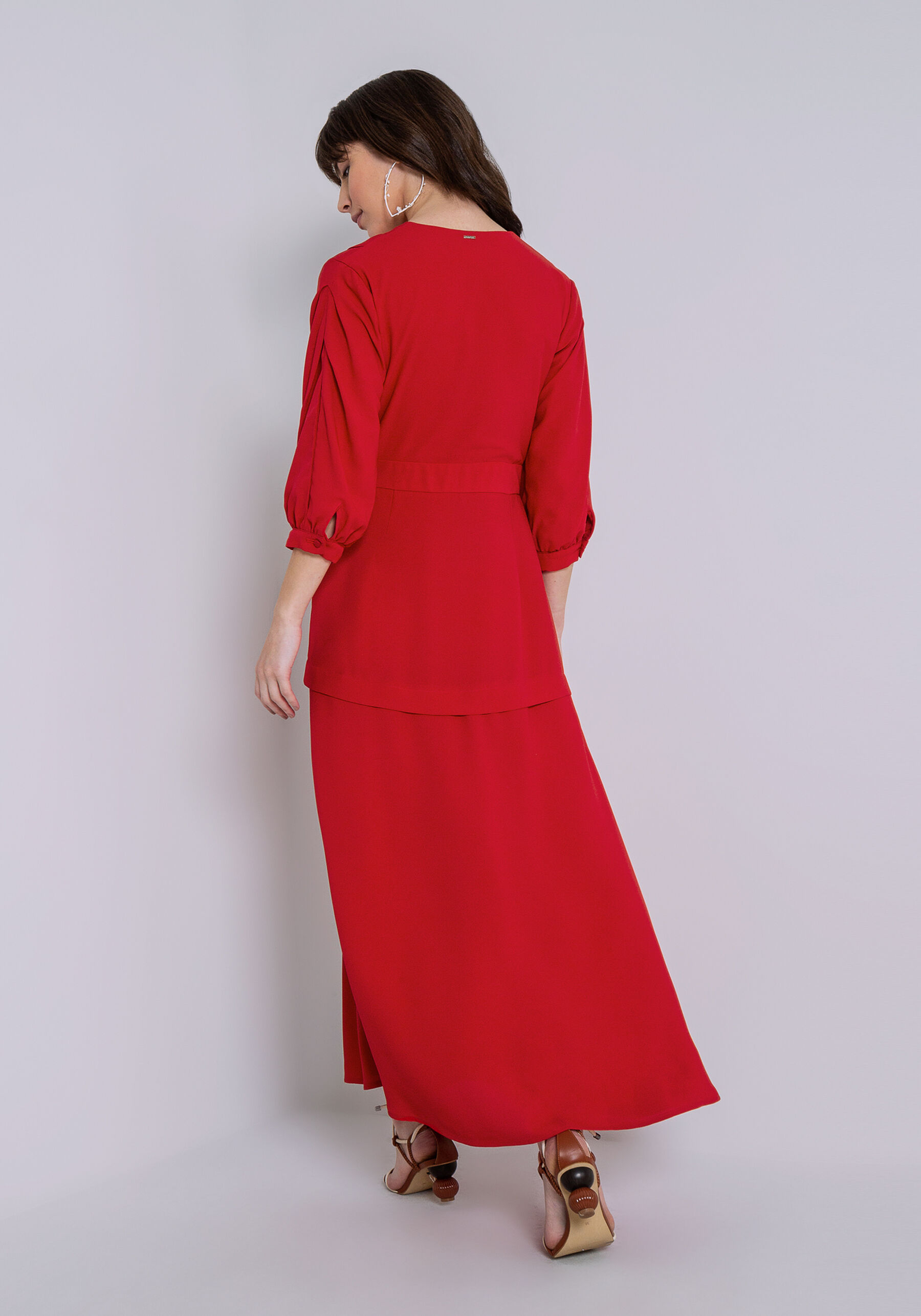 Vestido Crepe Manga 3/4 Midi com Pregas Decote, . Vestido Crepe Manga 3/4 Midi com Pregas Decote, , large.