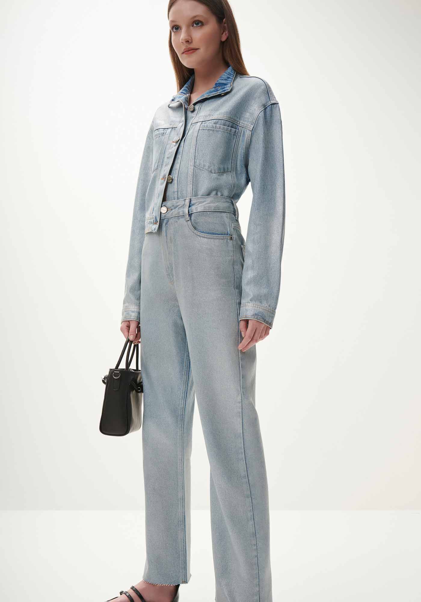 Cal&ccedil;a Jeans Reta Cropped com Efeito Gloss, JEANS, large.