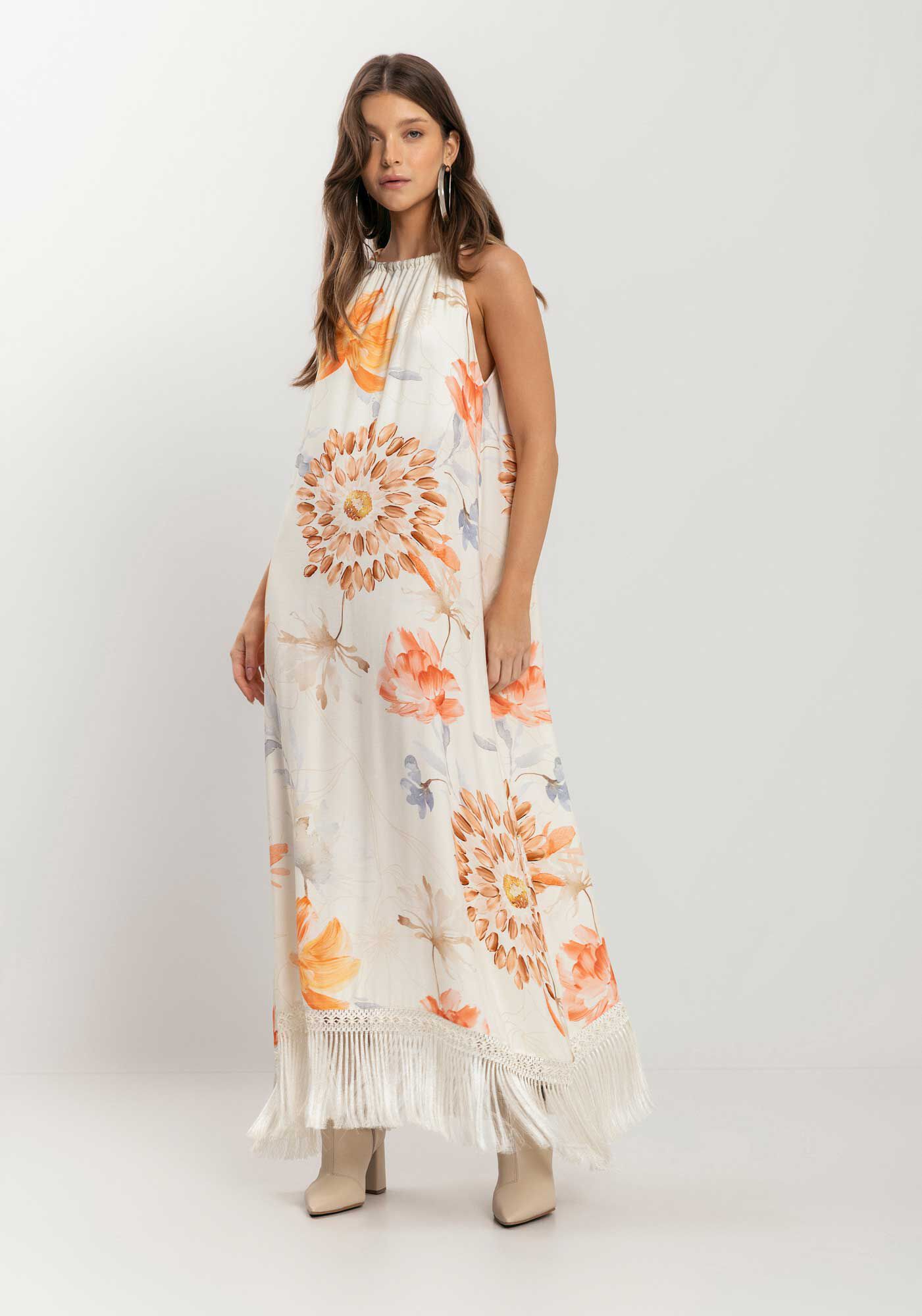 Vestido Longo Estampado Com Franjas Na Barra, , large.