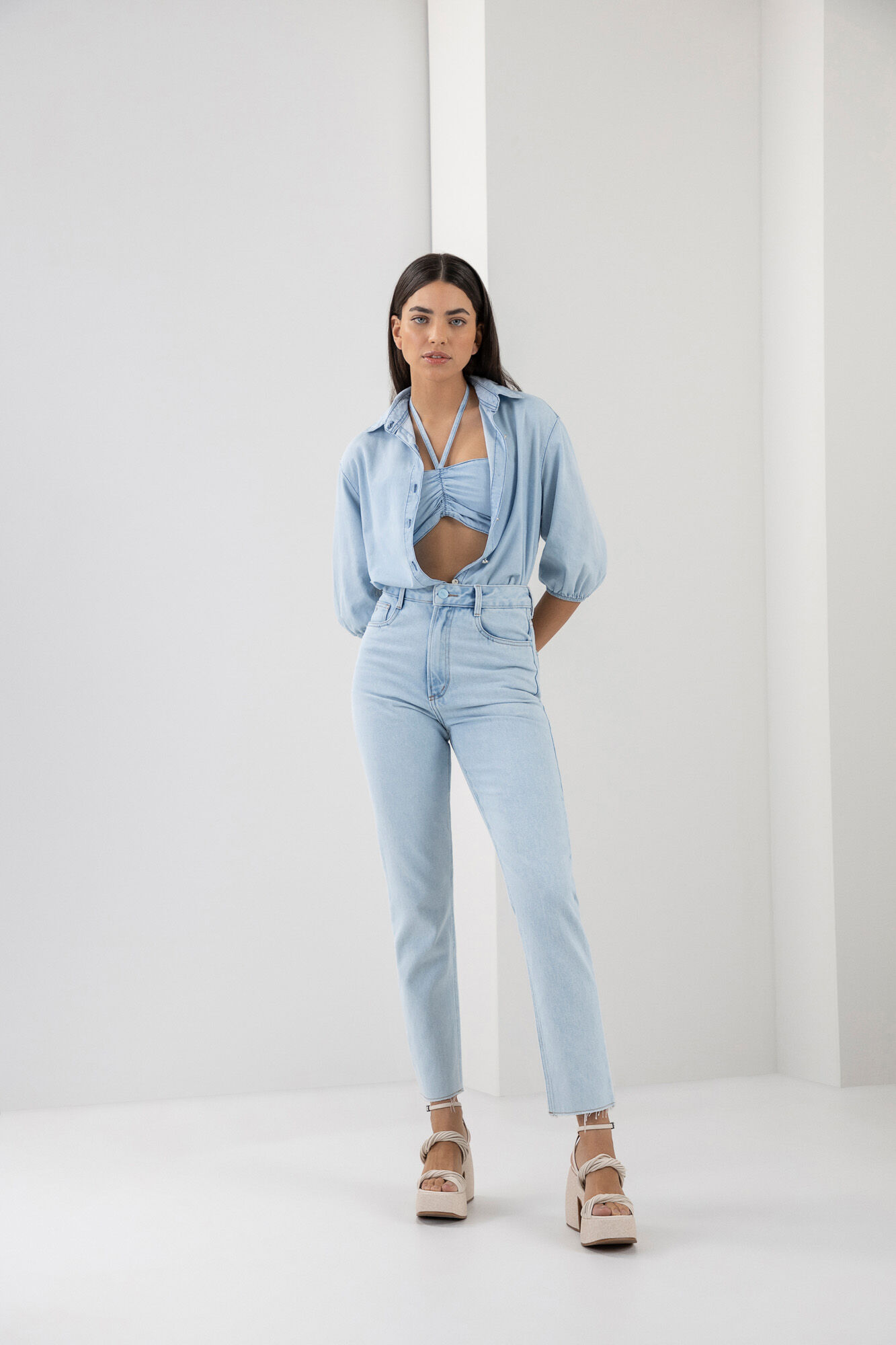 Camisa Jeans Manga 3/4 com Top Frente &Uacute;nica, , large.