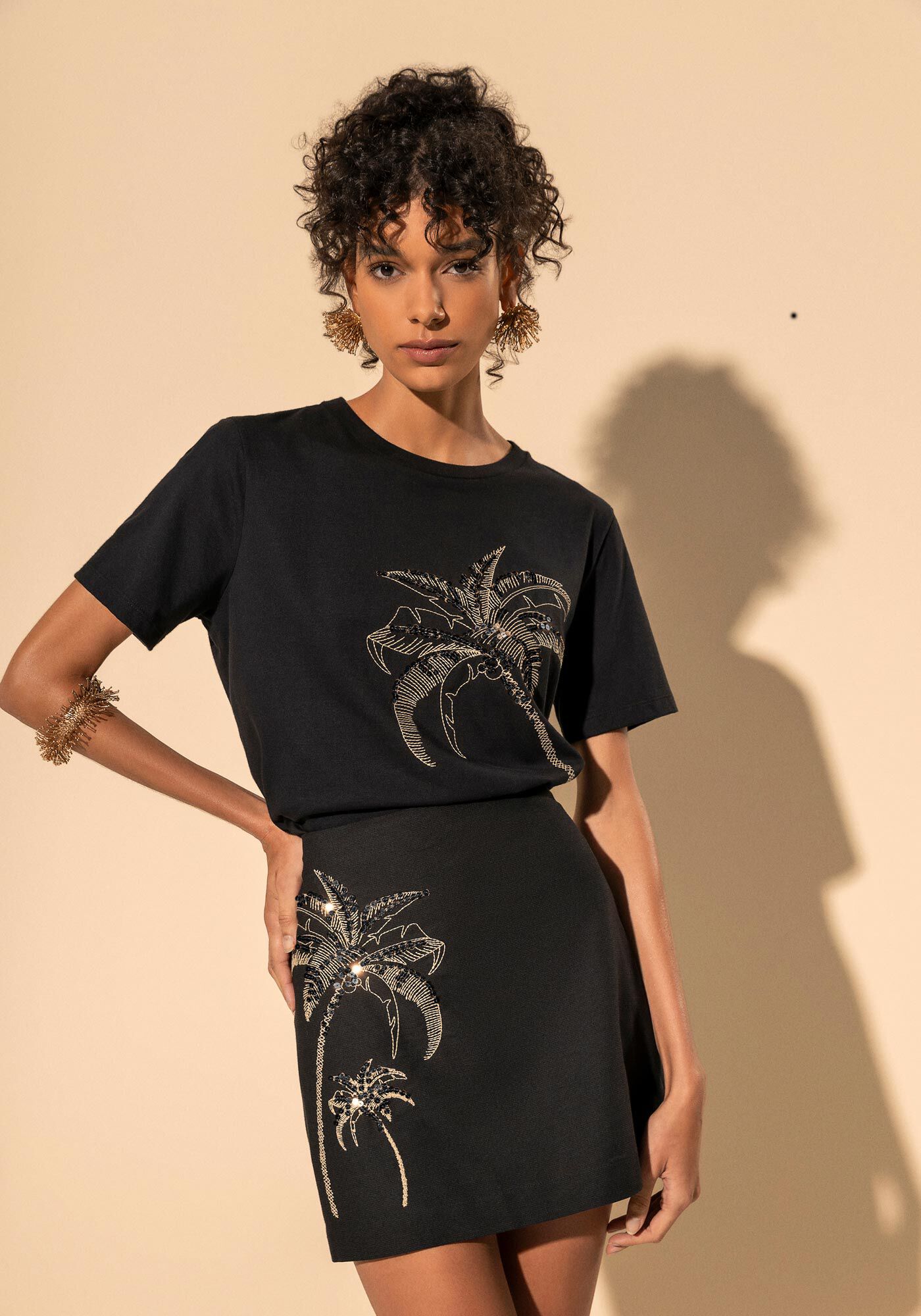 Saia Curta De Cintura Alta Com Bordados E Paet&ecirc;s, PRETO, large.