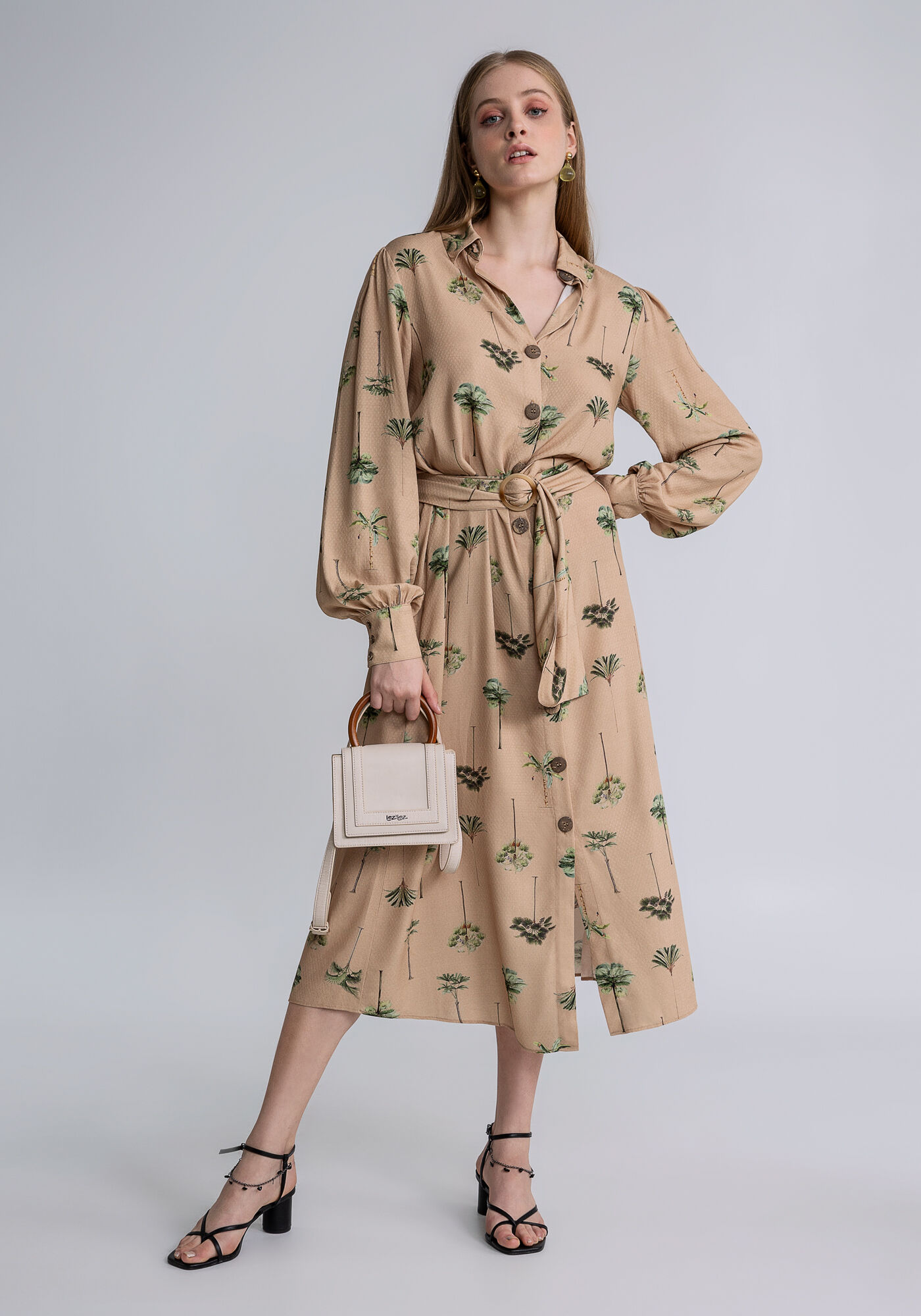 Vestido Chemise Midi Cinto Estampado, ARVOREDO, large.