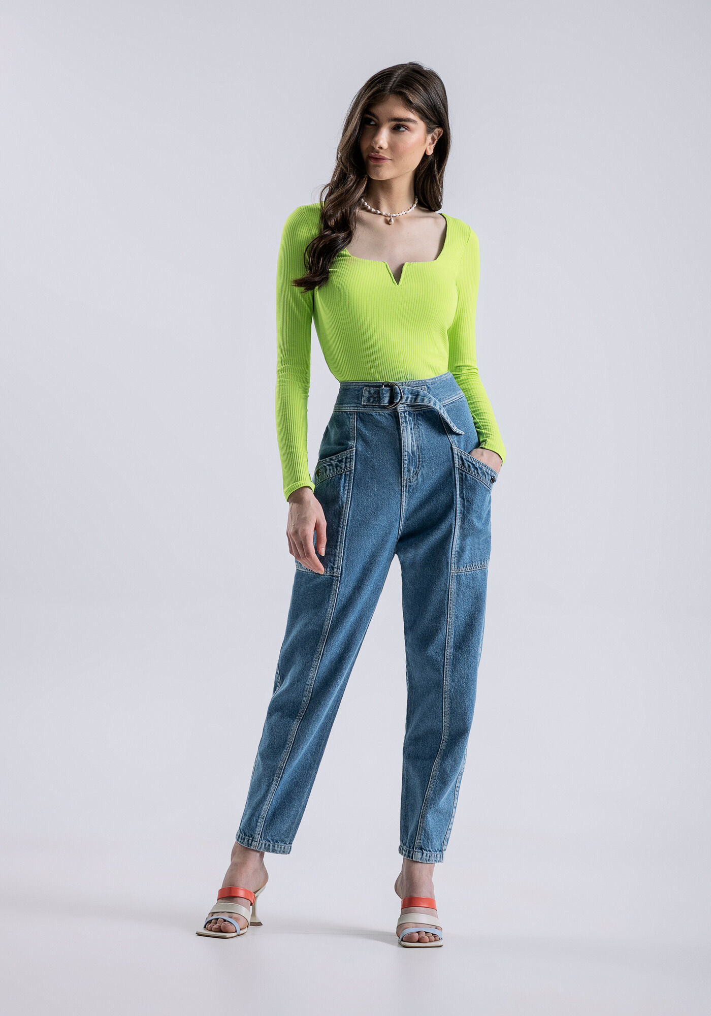 Blusa Manga Longa Canelada com Recorte V, , large.