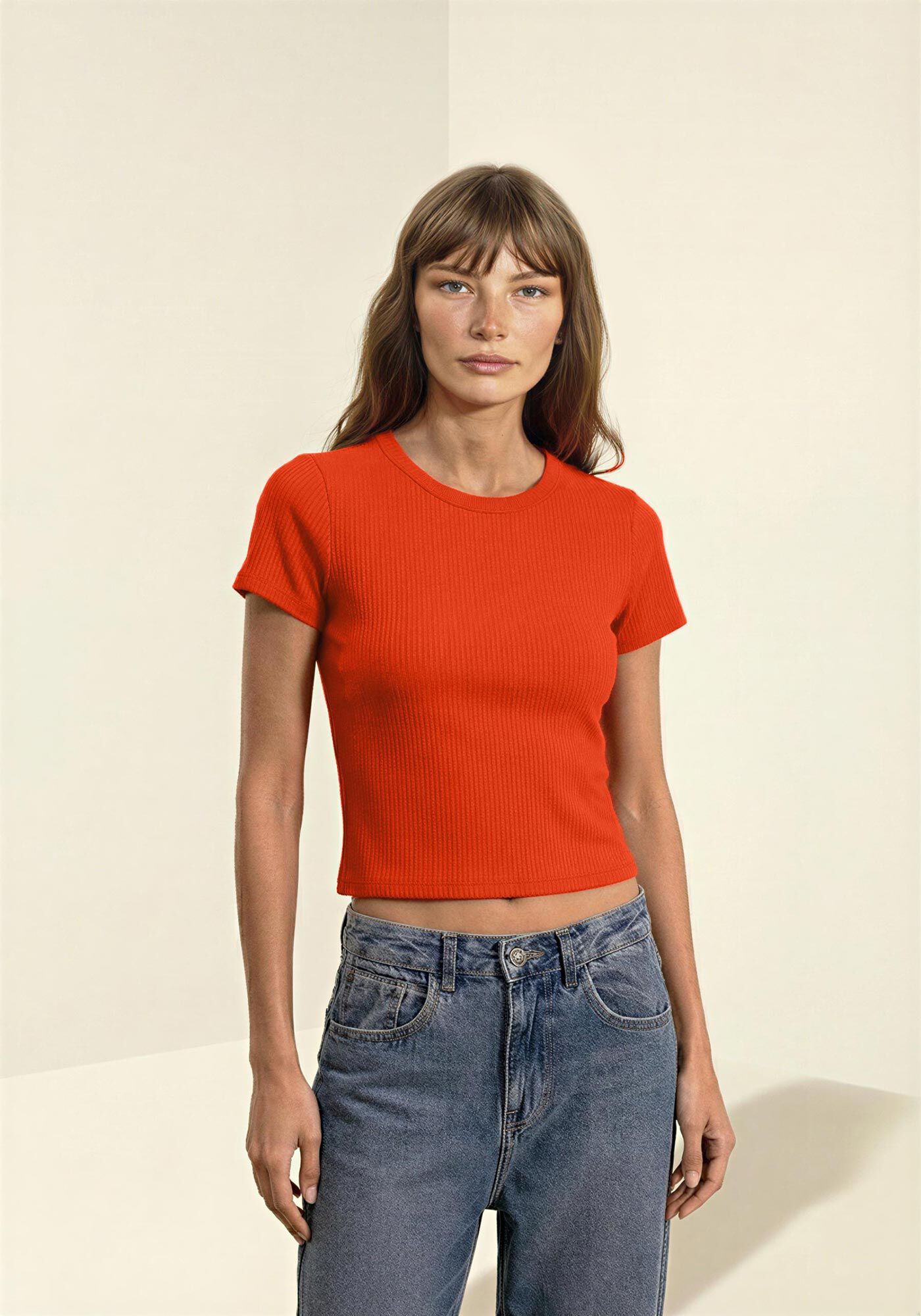 Blusa Em Malha Canelada Com Bordado Na Manga, LARANJA PAIXAO, large.