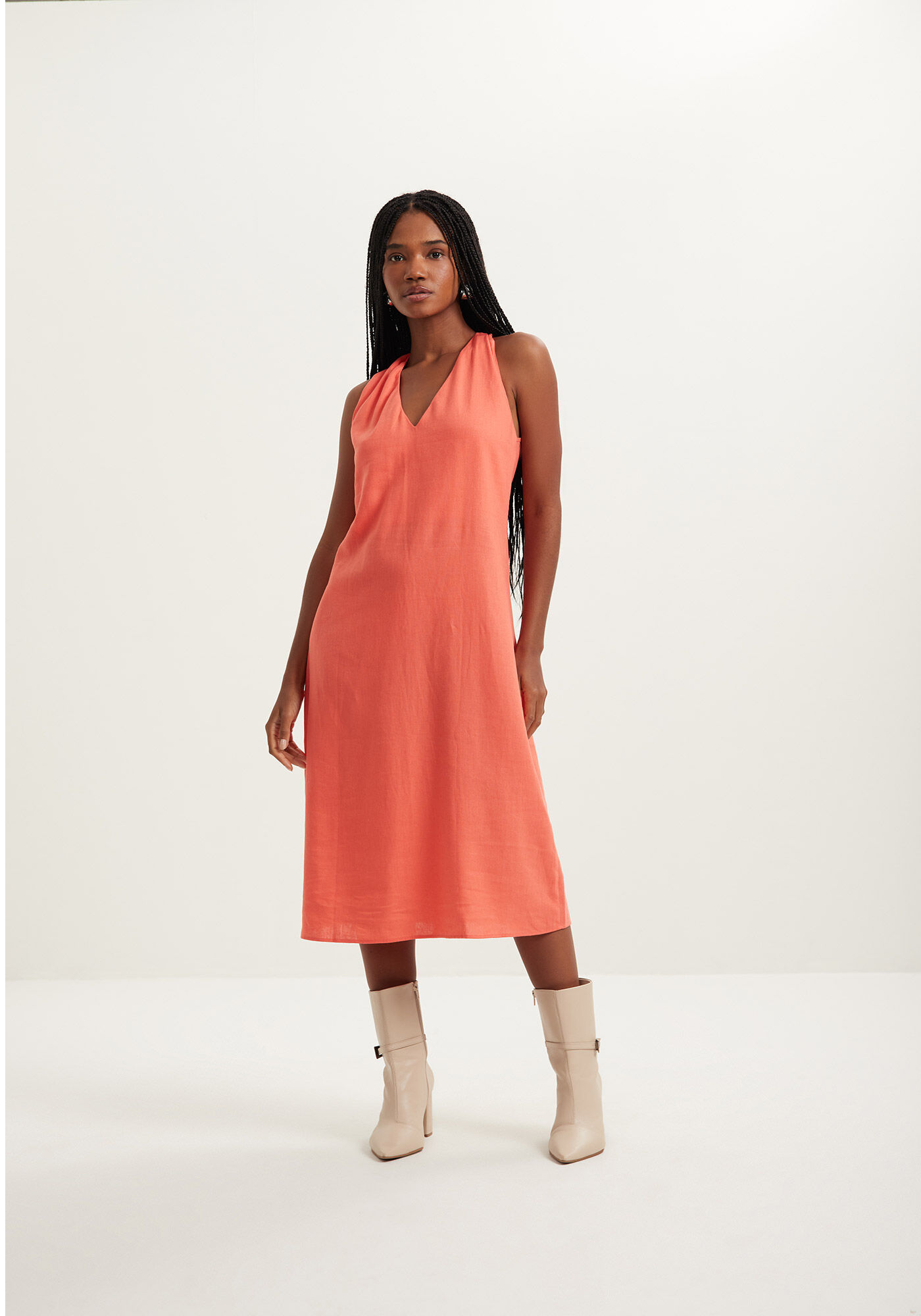 Vestido Midi Com Decote V Em Linho E Viscose, , large.