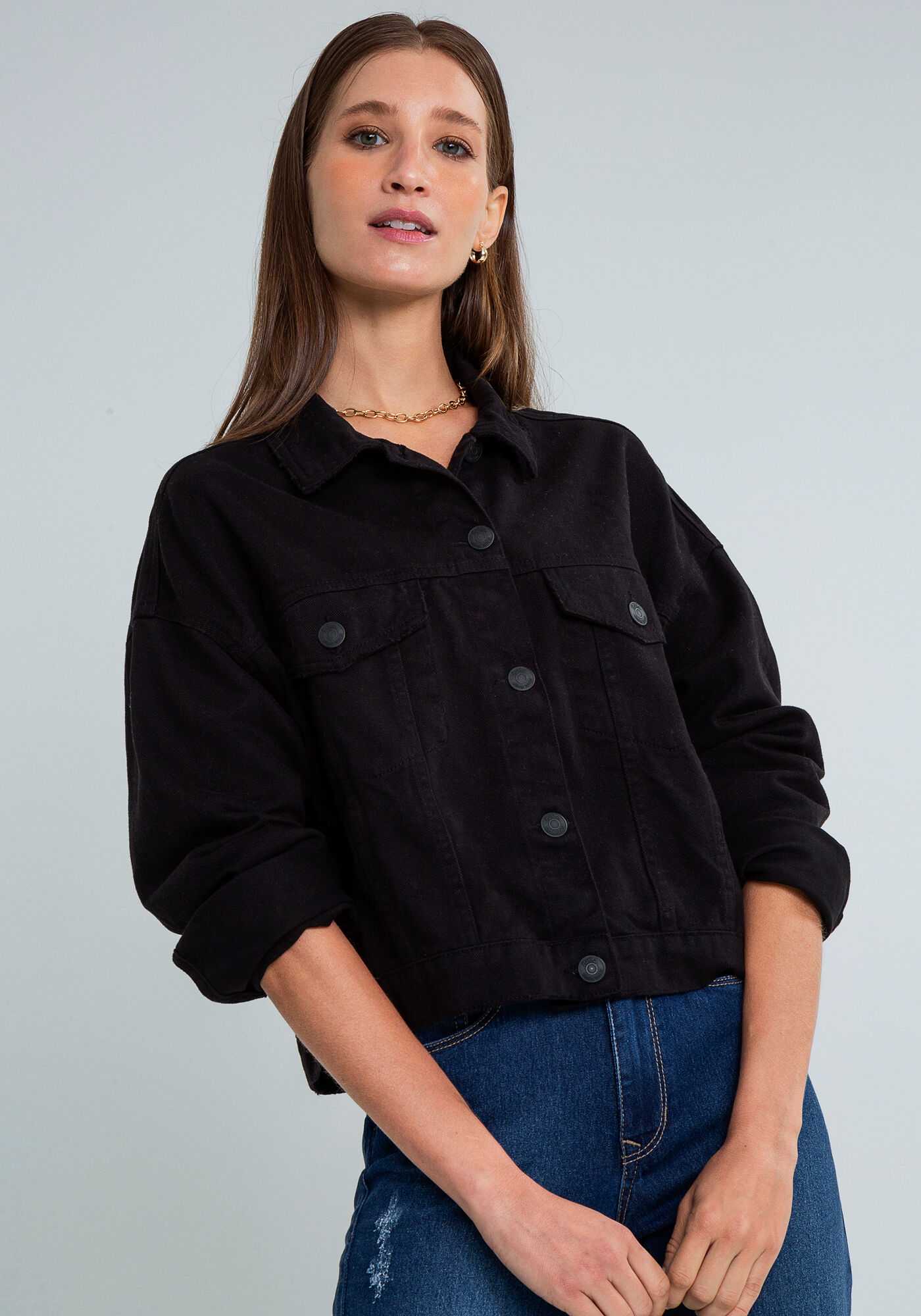Jaqueta jeans sale cropped preta