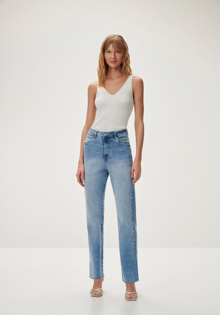 Calça Jeans Reta Cropped com Cintura Super Alta, JEANS. Calça Jeans Reta Cropped com Cintura Super Alta, JEANS, large.