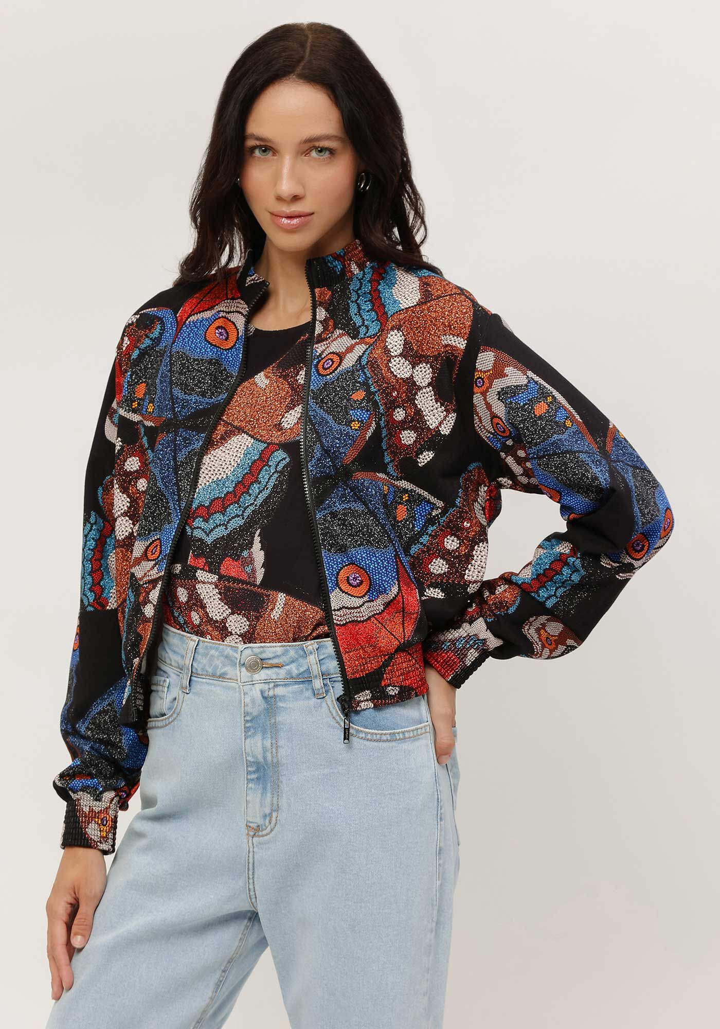 Jaqueta Bomber em Moletom Estampada com Gola Alta, , large.