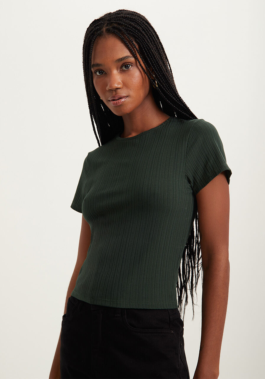 Blusa B&aacute;sica De Mangas Curtas Em Malha Canelada, , large.