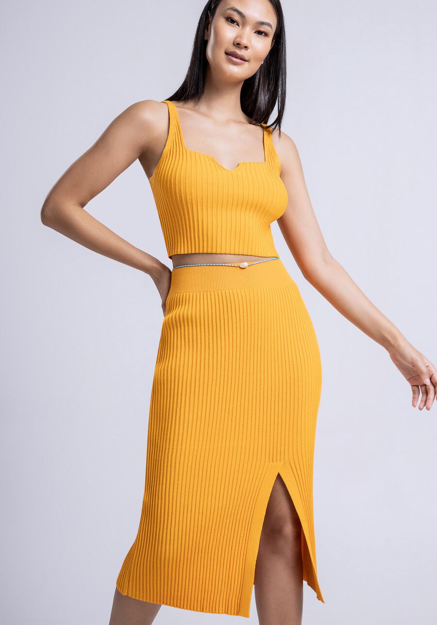 Saia Midi Cintura Média em Tricô com Fenda, . Saia Midi Cintura Média em Tricô com Fenda, , large.