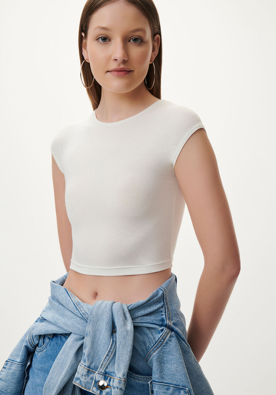 Blusa em Malha Modal Cropped Basic, BRANCO OFF WHITE, large.