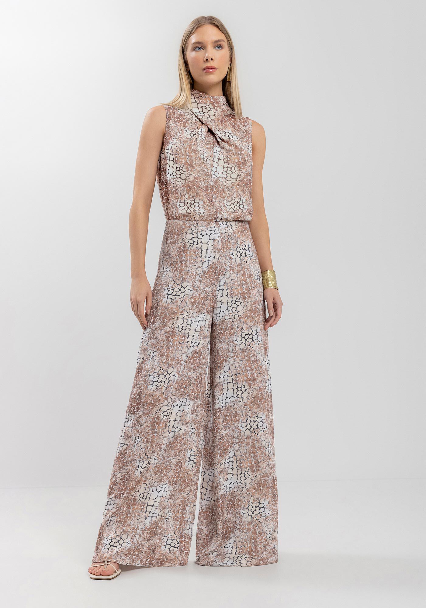 Cal&ccedil;a Pantalona Estampada Em Crepe De Alfaiataria, SKIN MARROM, large.