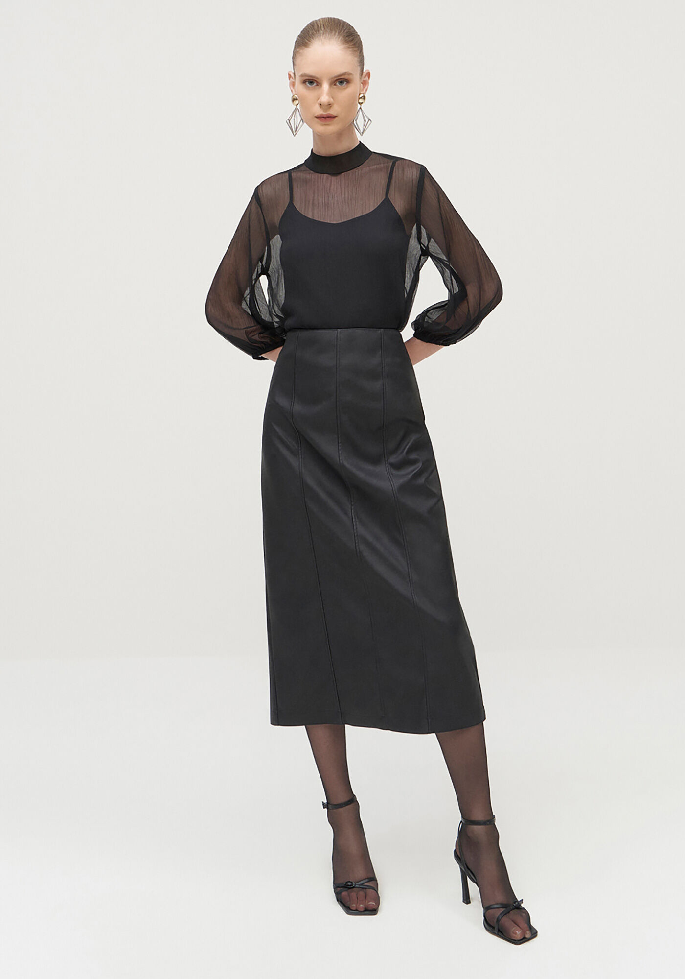 Saia Midi em Pu com Fenda Costas, , large.