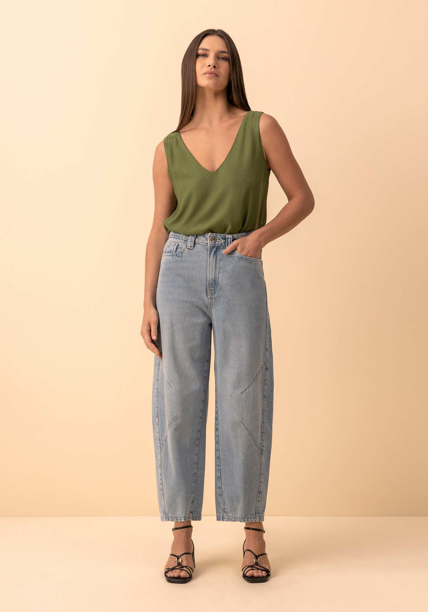 Cal&ccedil;a Jeans Barrel De Cintura Alta Com Recortes, JEANS, large.