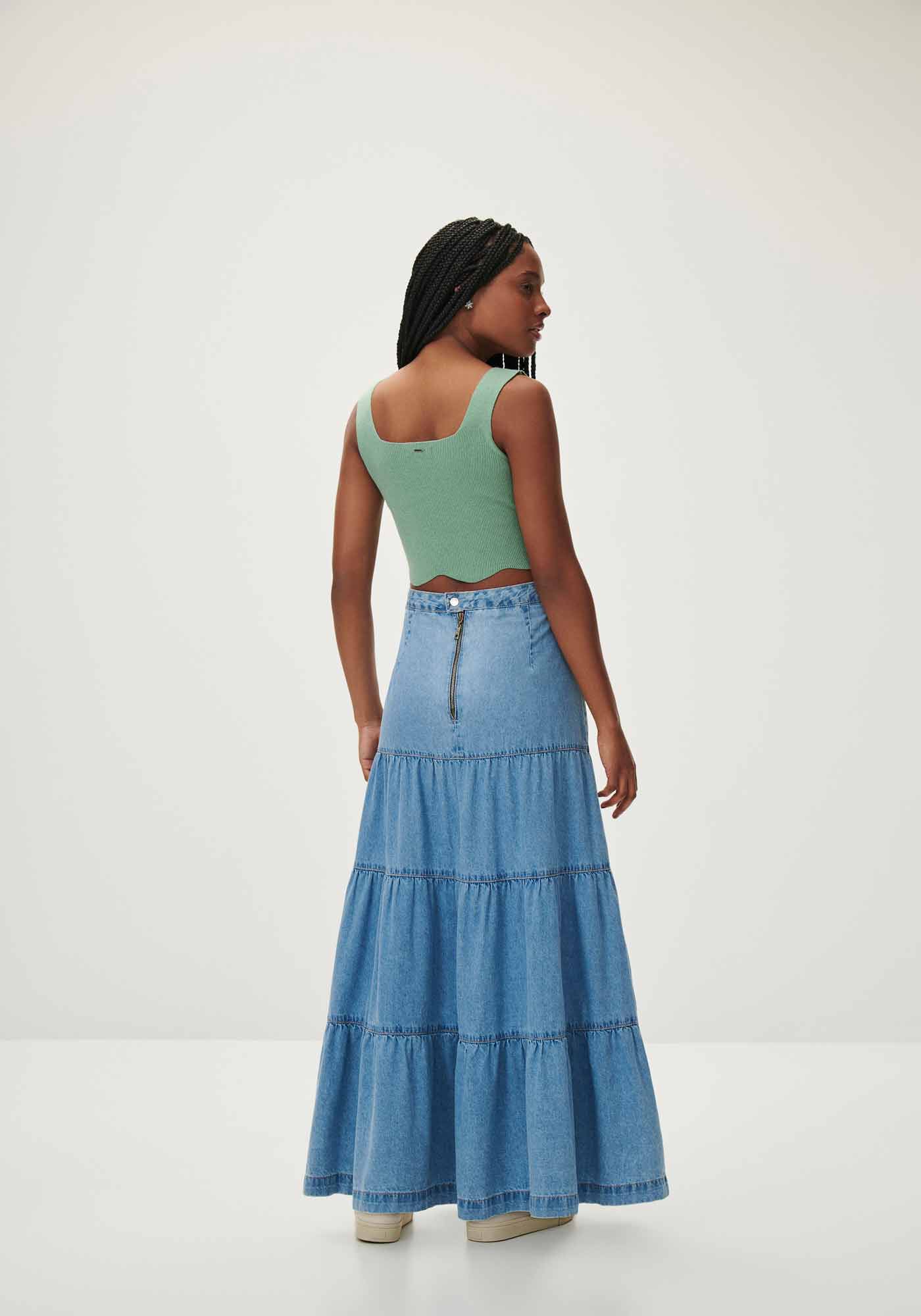 Saia Jeans Longa Cintura Alta com Babados Lez a Lez