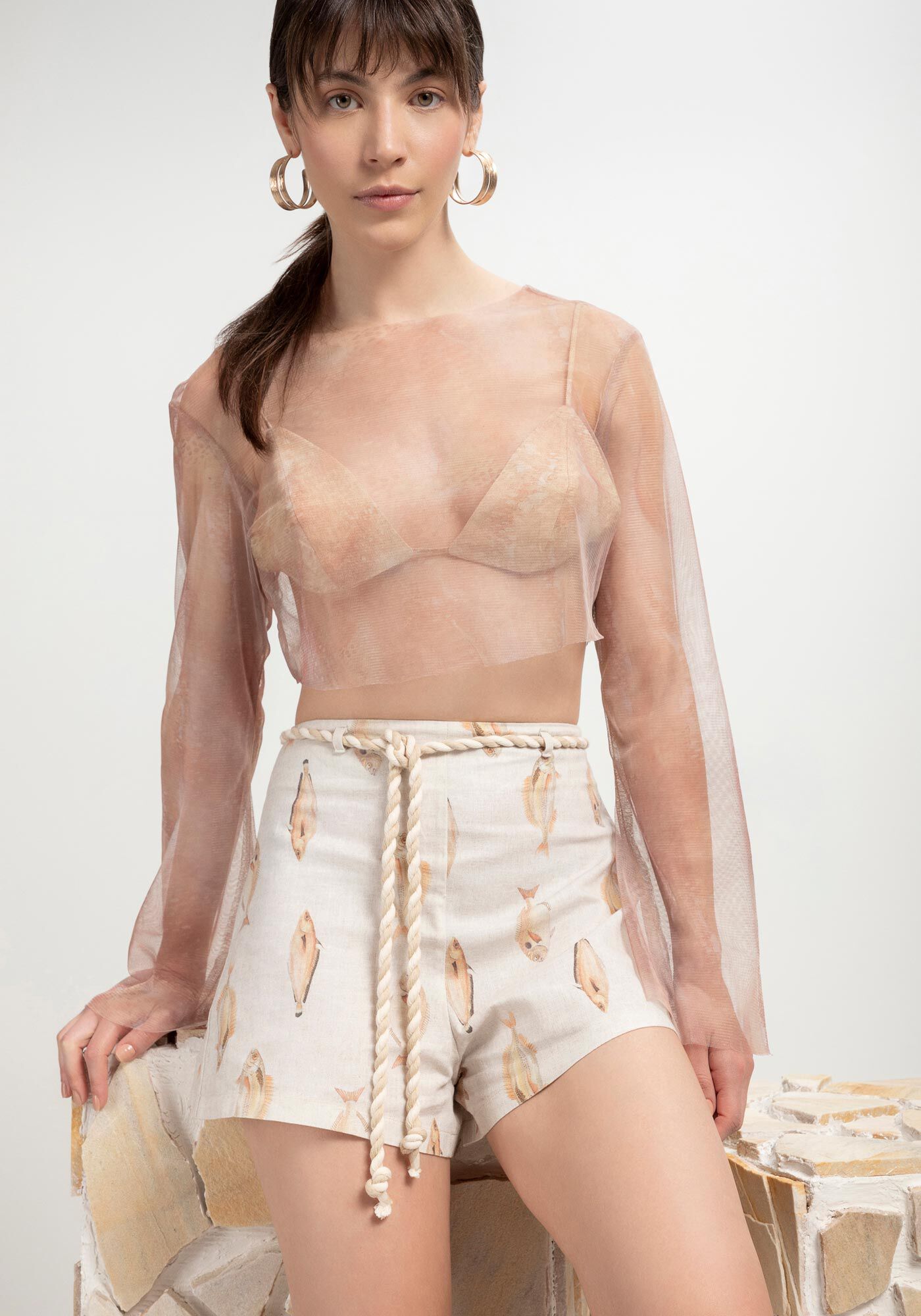 Shorts Estampado em Linho com Cinto Corda, , large.