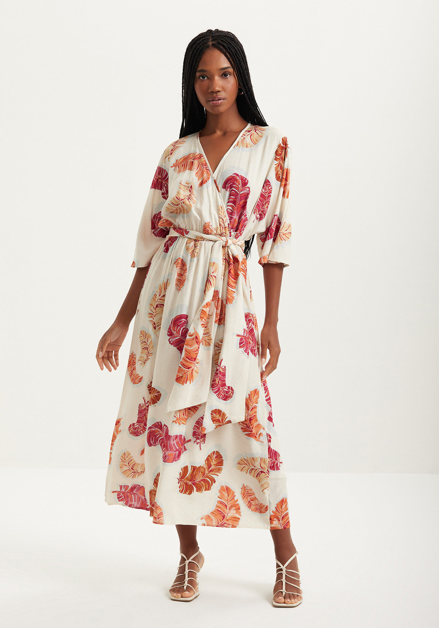 Vestido Midi Transpassado Estampado Com Faixa E Decote Em V, BANANEIRA BEGE, large.