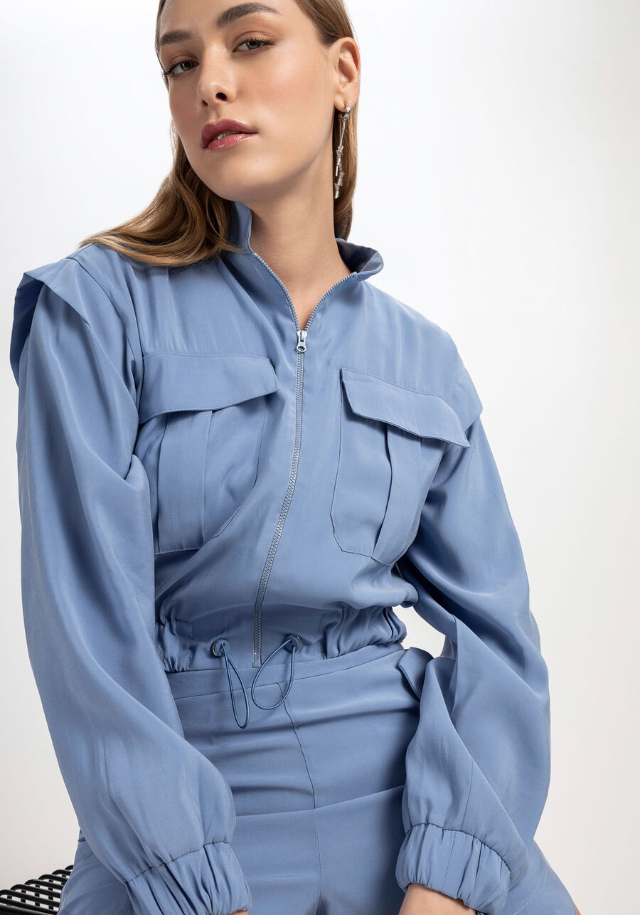 Jaqueta Cropped Recorte Ombros, AZUL NETUNO. Jaqueta Cropped Recorte Ombros, AZUL NETUNO, large.