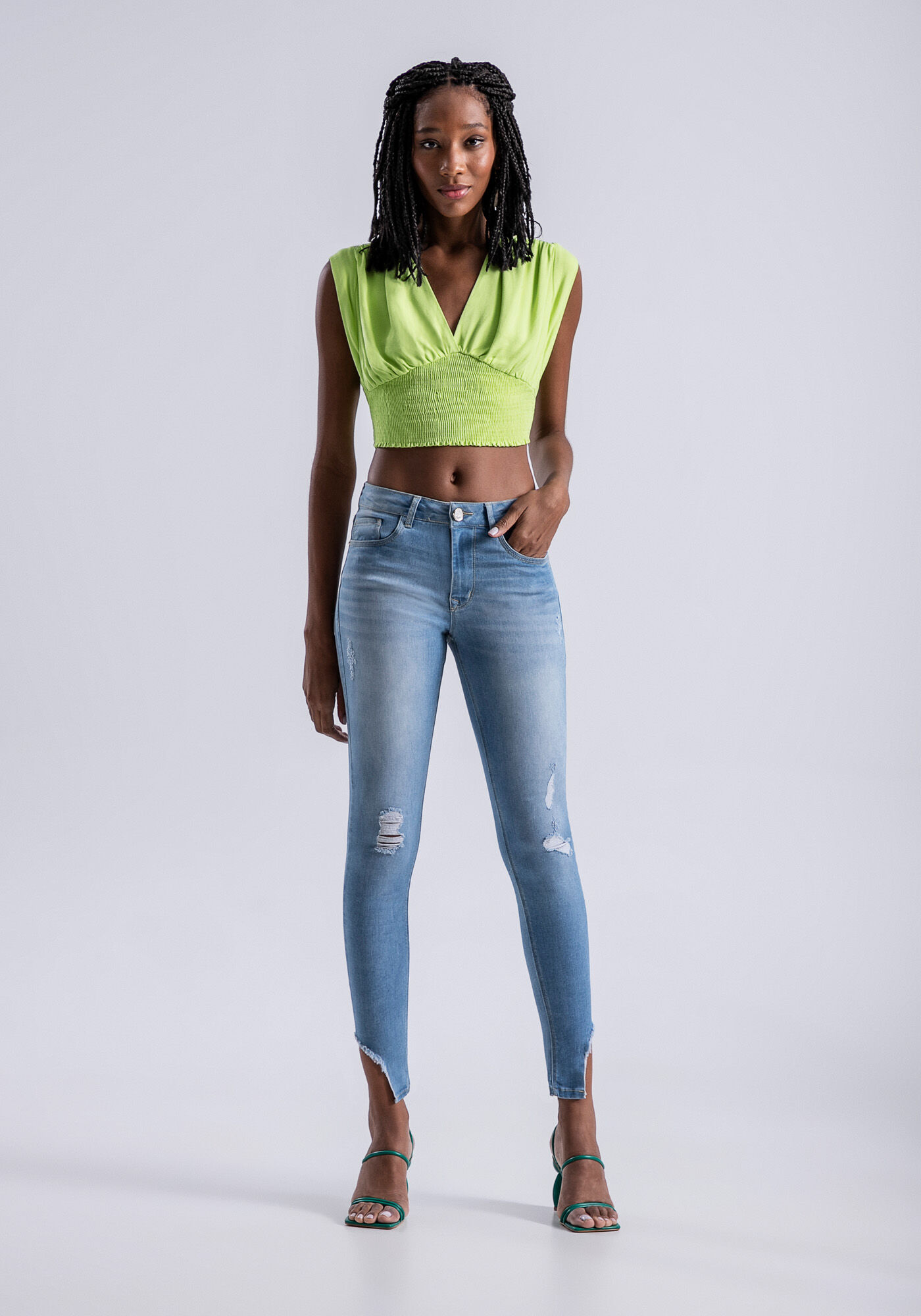 Blusa Cropped Decote V com Lastex, , large.